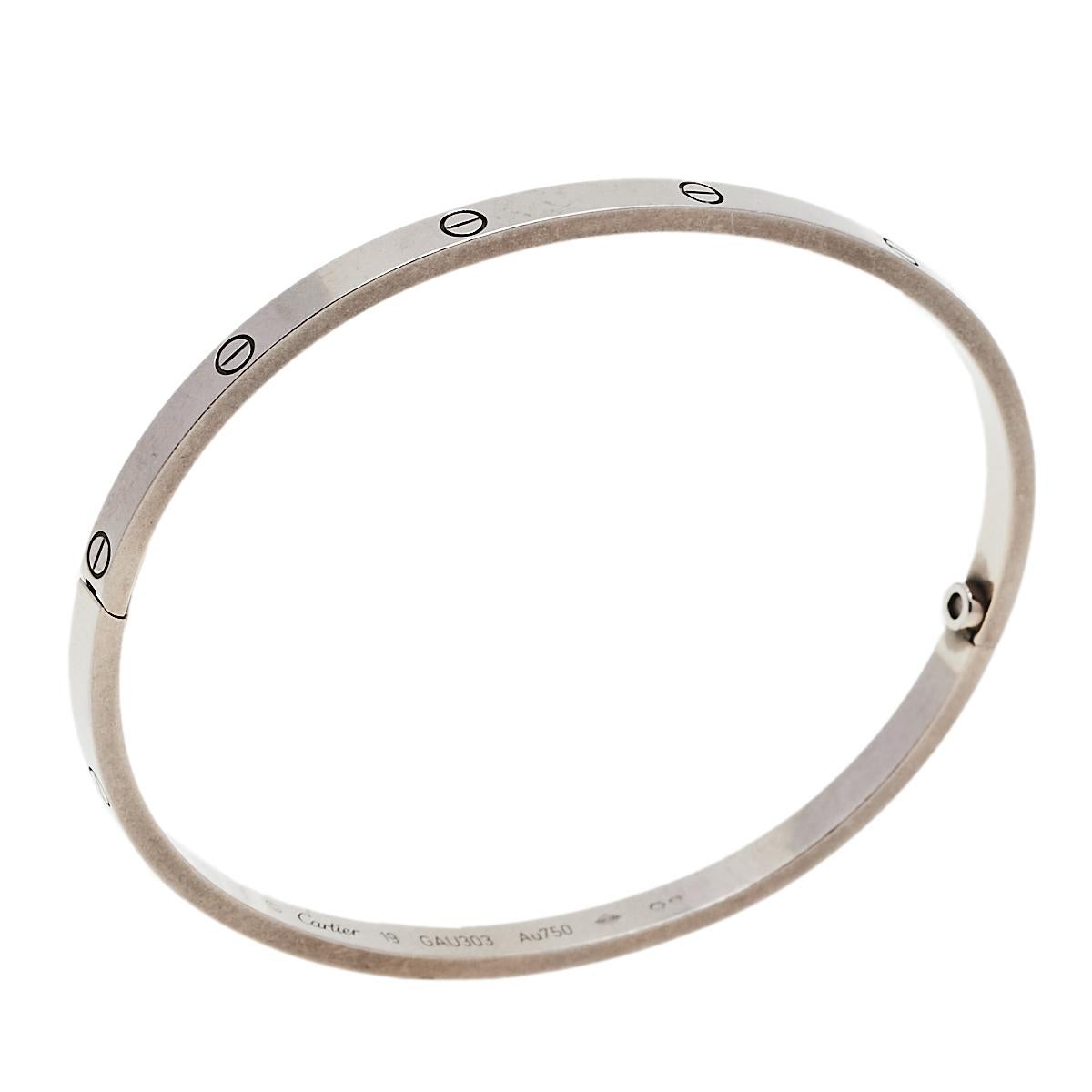 We fell in love with this Cartier Love bracelet at first glance. Look at its gorgeous yet subtle accents and picture how it will beautifully sit on your wrist and charm your peers. The creation is crafted from 18k white gold in a cuff style and