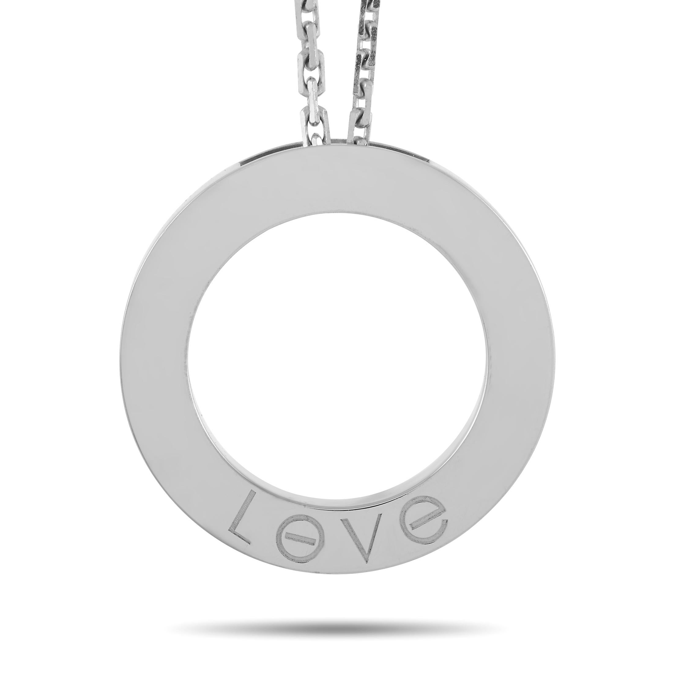It doesn’t get any more iconic than this chic pendant necklace from Cartier’s popular Love collection. Attached to a 16” chain, you’ll find a circular pendant measuring .88” round crafted from opulent 18K White Gold. It’s accented by the brand’s