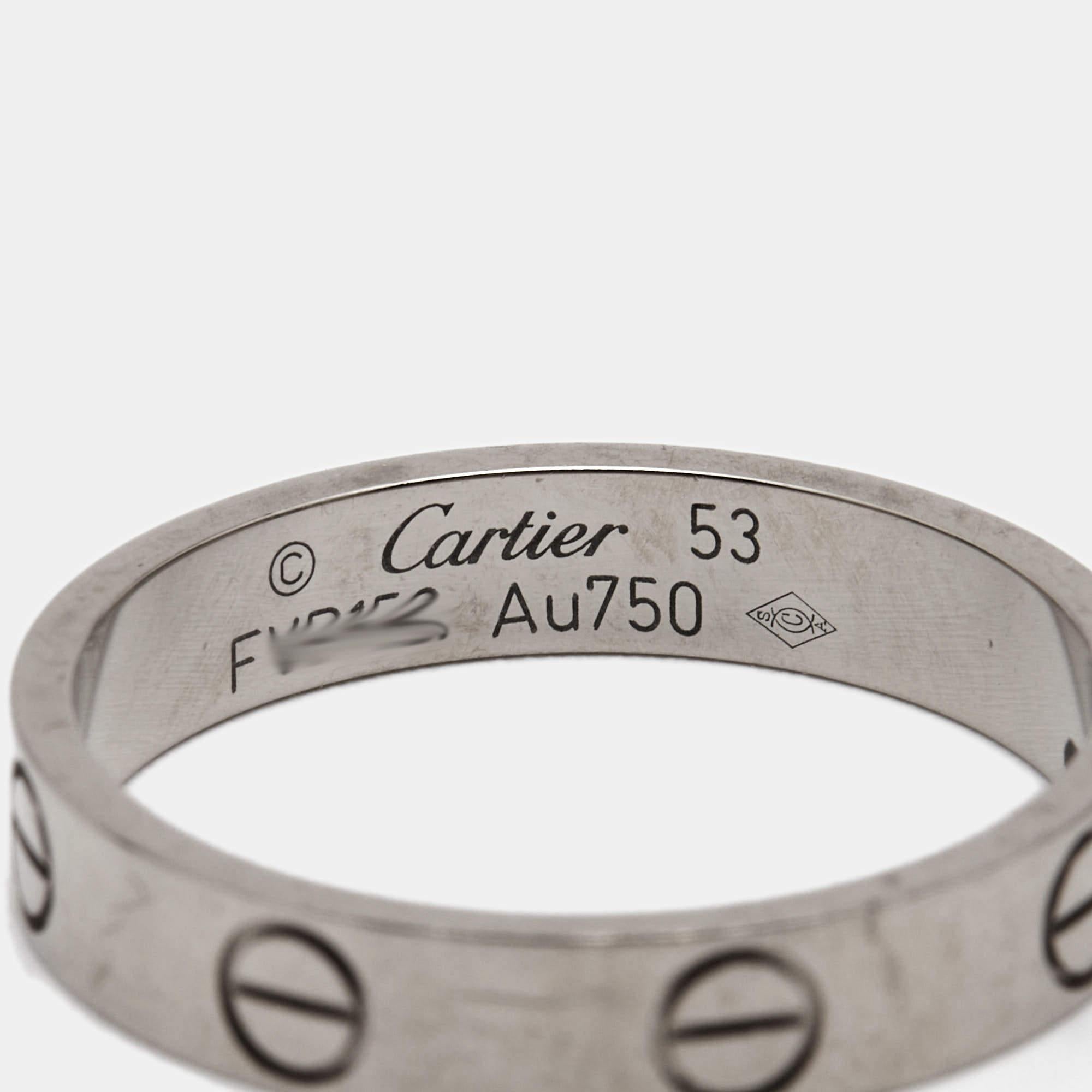 Cartier Love 18K White Gold Narrow Wedding Band Ring Size 53 In Fair Condition For Sale In Dubai, Al Qouz 2