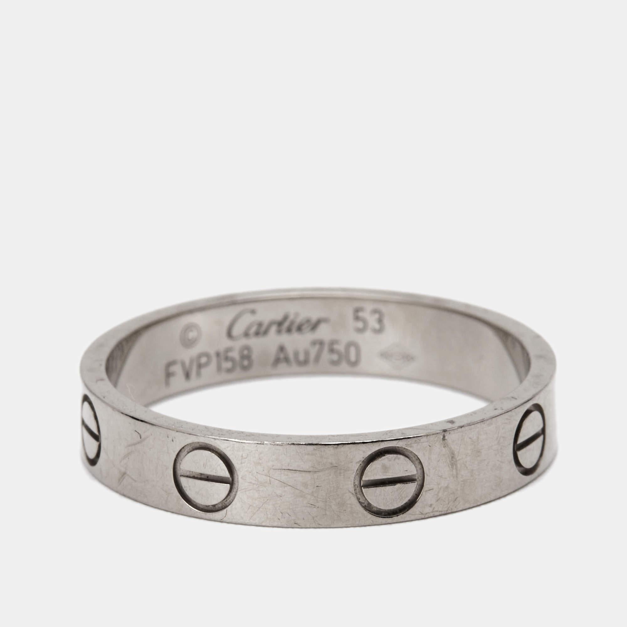 Women's Cartier Love 18K White Gold Narrow Wedding Band Ring Size 53 For Sale