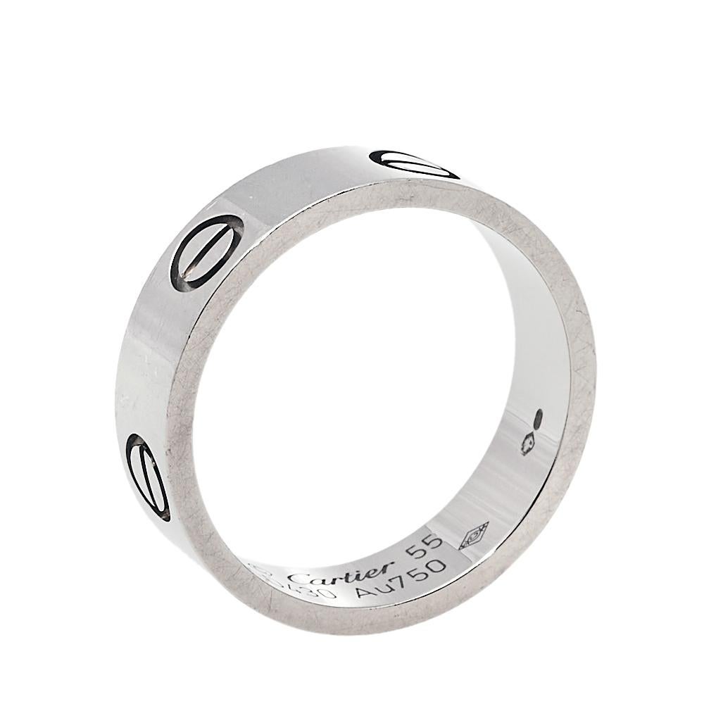 One of the most iconic designs from the house of Cartier, the stunning Love ring is a symbol of romance and luxury. Constructed in 18K white gold, this beautiful band has the signature screw details all around the surface. The ring is sure to become