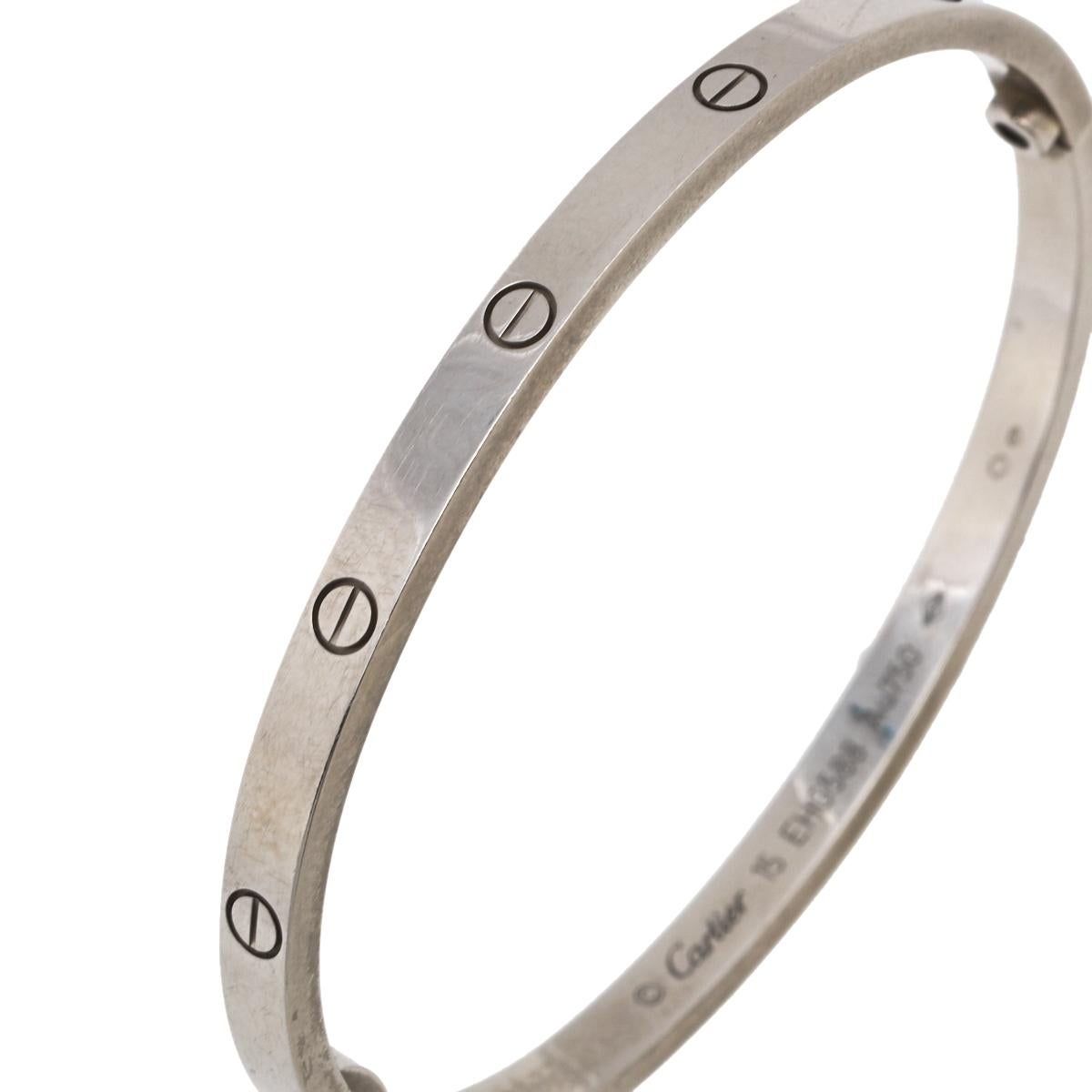 We fell in love with this Cartier Love bracelet at first glance. Look at its gorgeous yet subtle accents and picture how it will beautifully sit on your wrist and charm your peers. The creation is crafted from 18k white gold and neatly detailed with