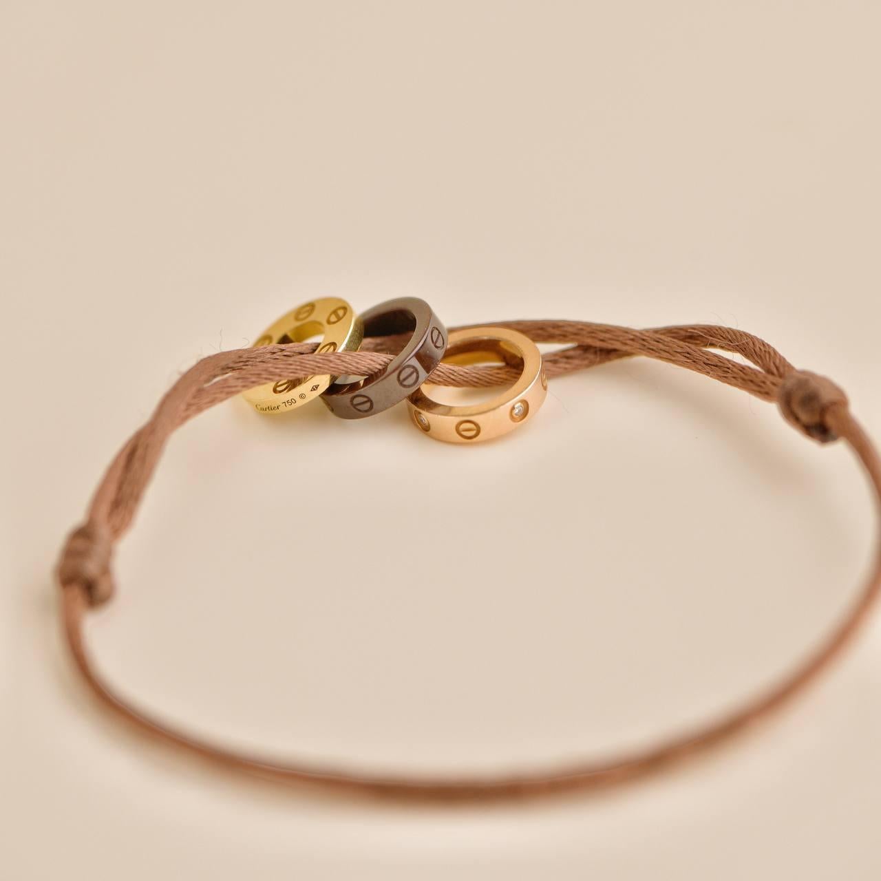 Brilliant Cut Cartier Love 18k Yellow and Rose 4 Diamond Sevres Porcelain Brown Cord Bracelet