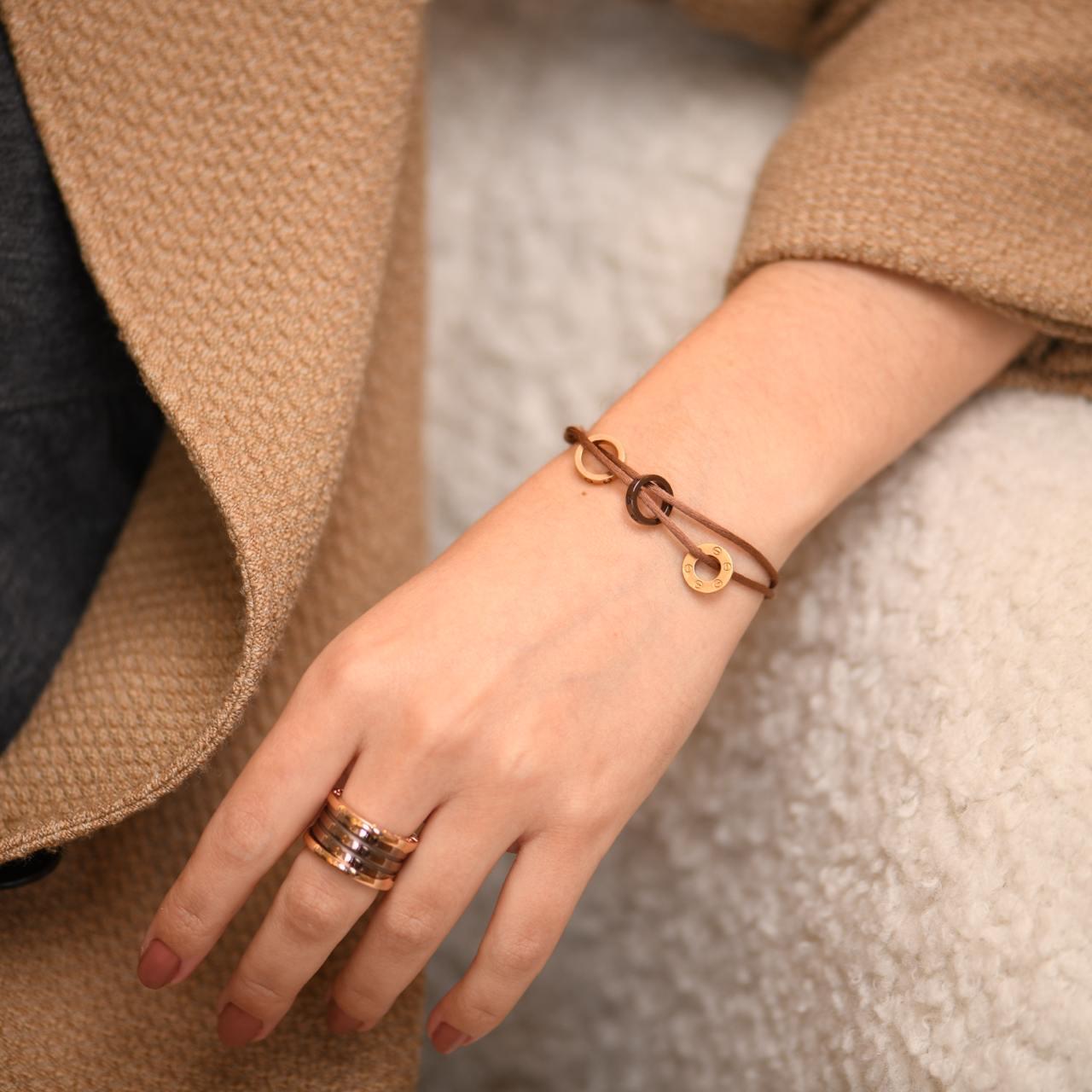 Brilliant Cut Cartier Love 18k Yellow and Rose 4 Diamond Sevres Porcelain Brown Cord Bracelet