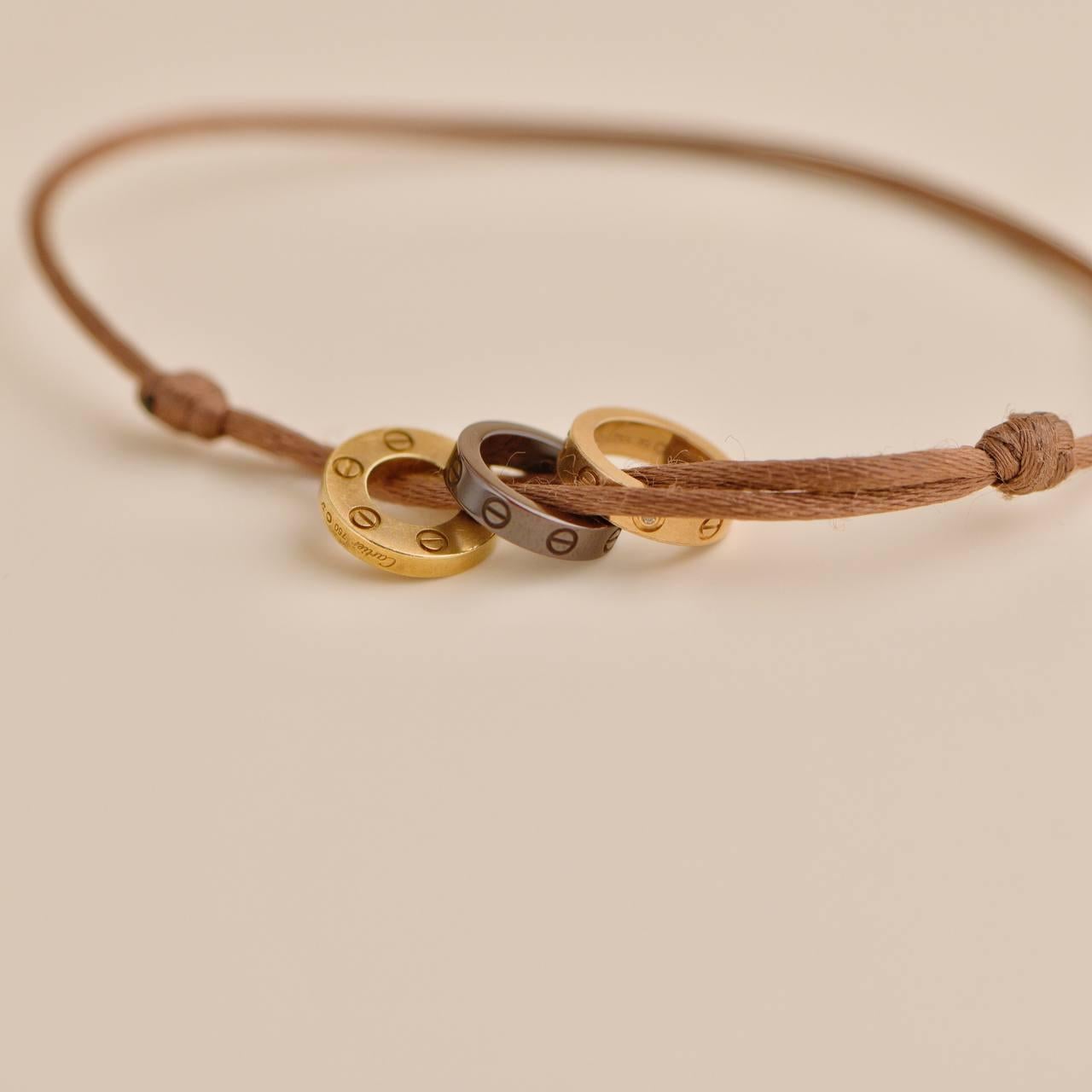 Cartier Love 18k Yellow and Rose 4 Diamond Sevres Porcelain Brown Cord Bracelet 2