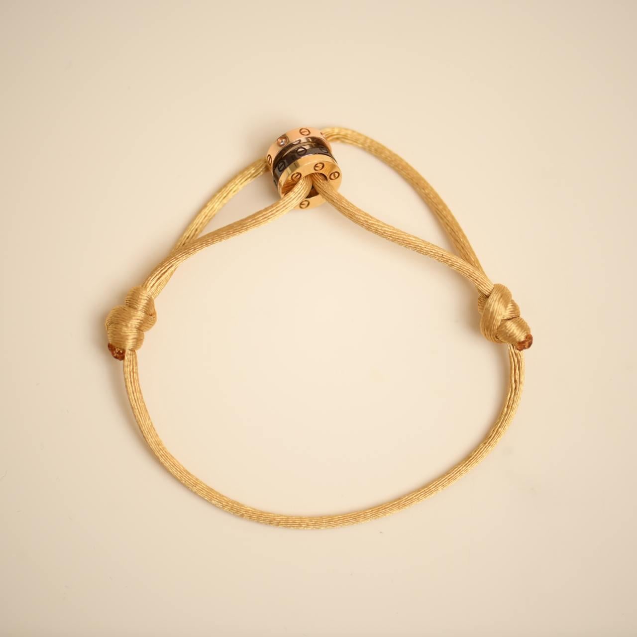 Brilliant Cut Cartier Love 18k Yellow and Rose 4 Diamond Sevres Porcelain Cord Bracelet