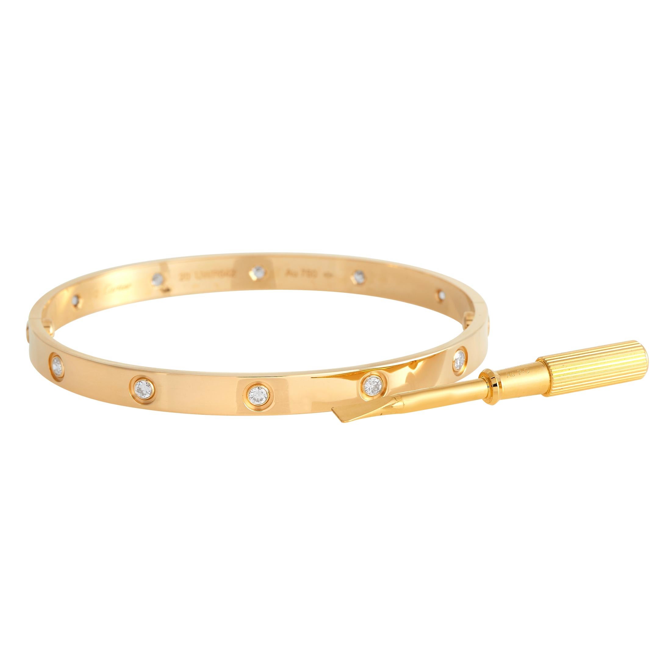 Easy-to-wear, symbolic, and versatile, there's no reason not to have the Cartier LOVE bracelet on your wrist. This fashion favorite features a rigid, close-fitting bracelet that requires a screwdriver to put on and take off. The unique closure
