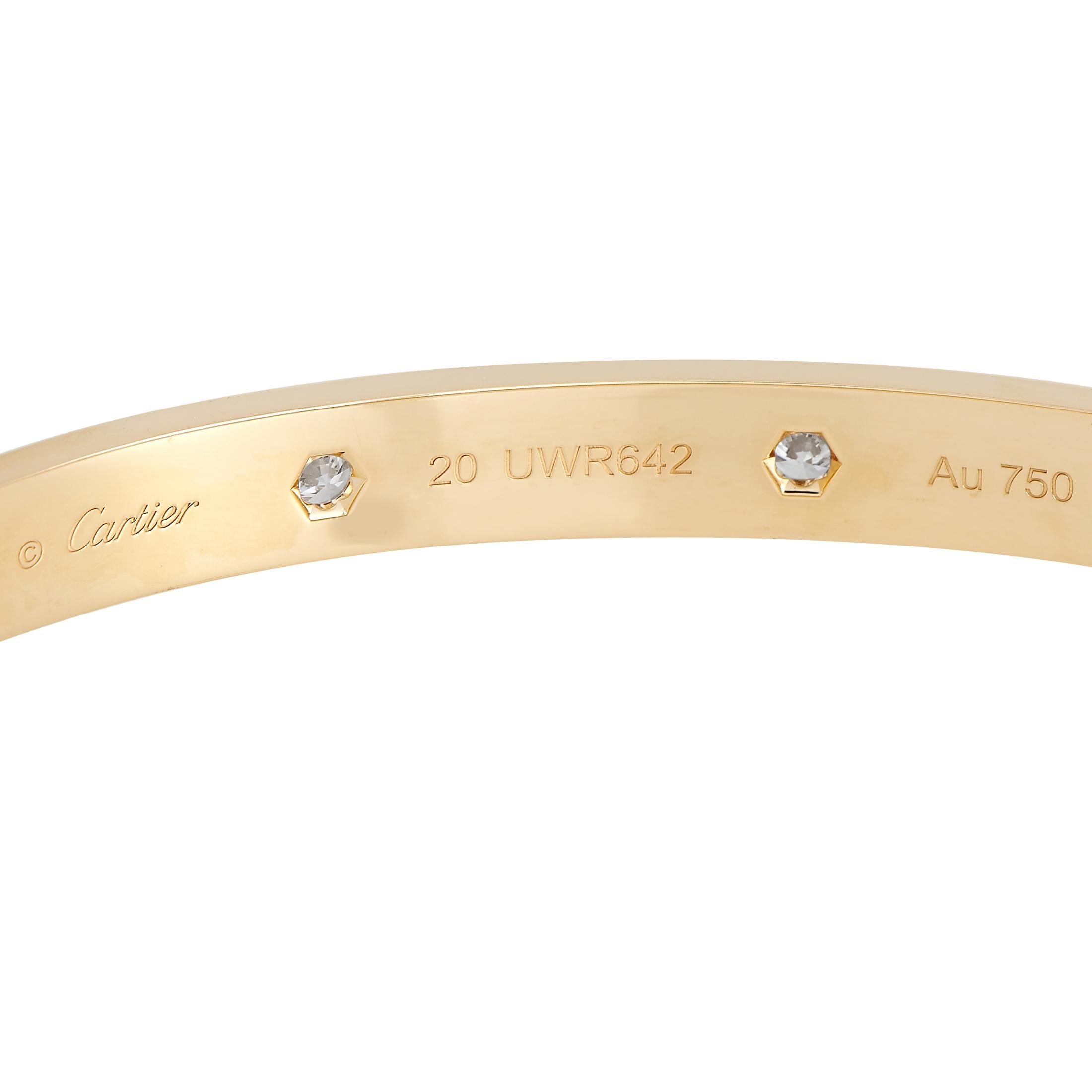Cartier LOVE 18K Yellow Gold 10 Diamond Bracelet Size 20 In Excellent Condition In Southampton, PA