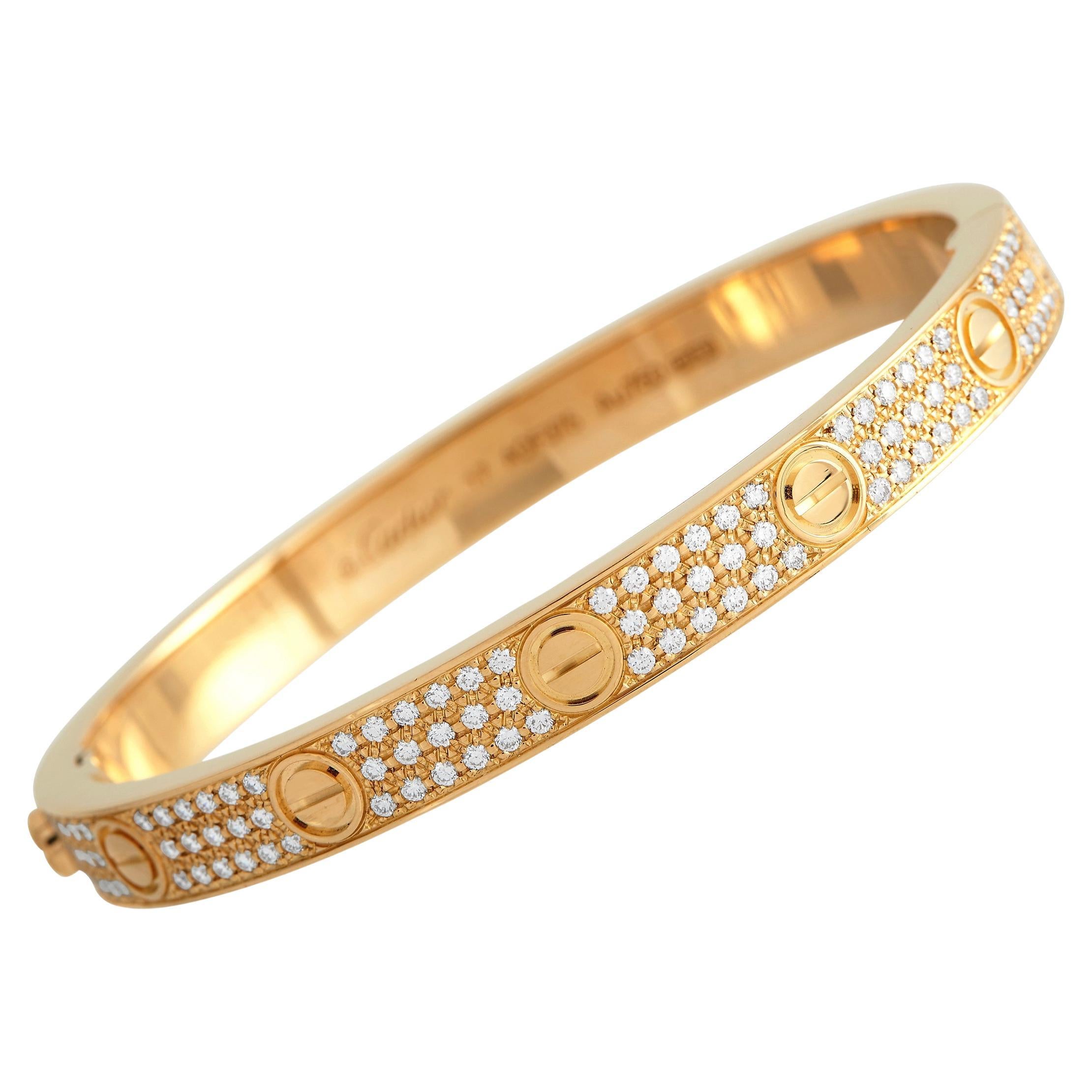 Cartier LOVE 18K Yellow Gold 1.99ct Diamond Bracelet Size 17 For Sale