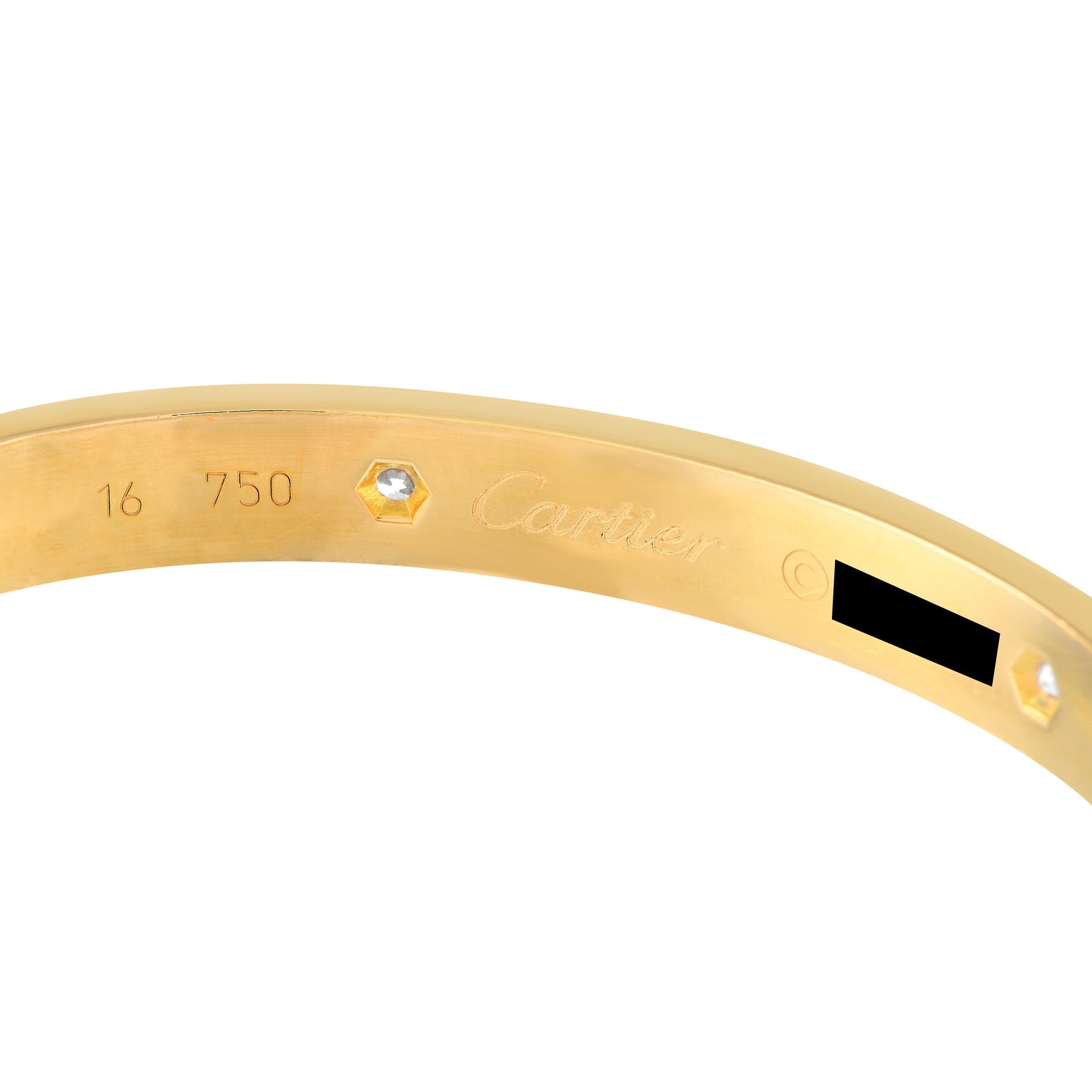 Round Cut Cartier LOVE 18K Yellow Gold 4 Diamond Bracelet Size 16