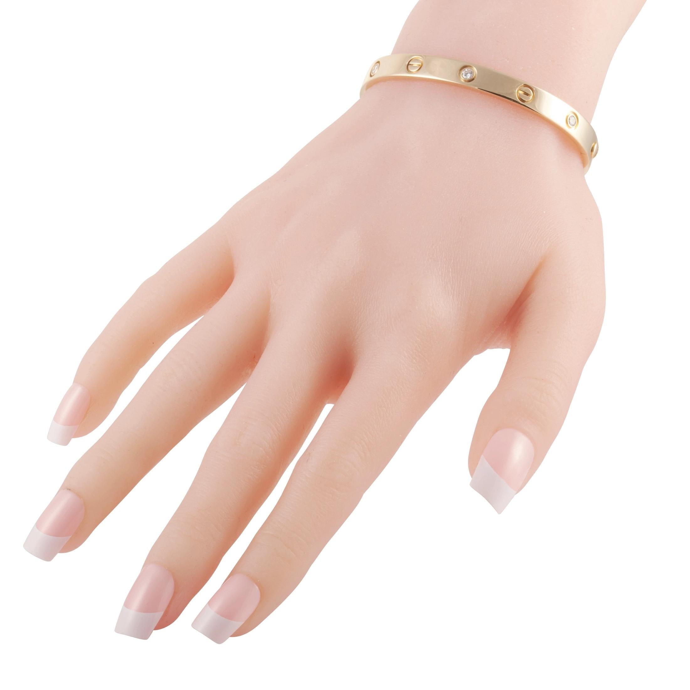 Nothing says “luxury” quite like this iconic Love Bracelet from Cartier. An iconic design that is instantly recognizable, glistening 18K Yellow Gold provides the perfect backdrop for stylish screw accents and 4 glittering diamonds. This size 16