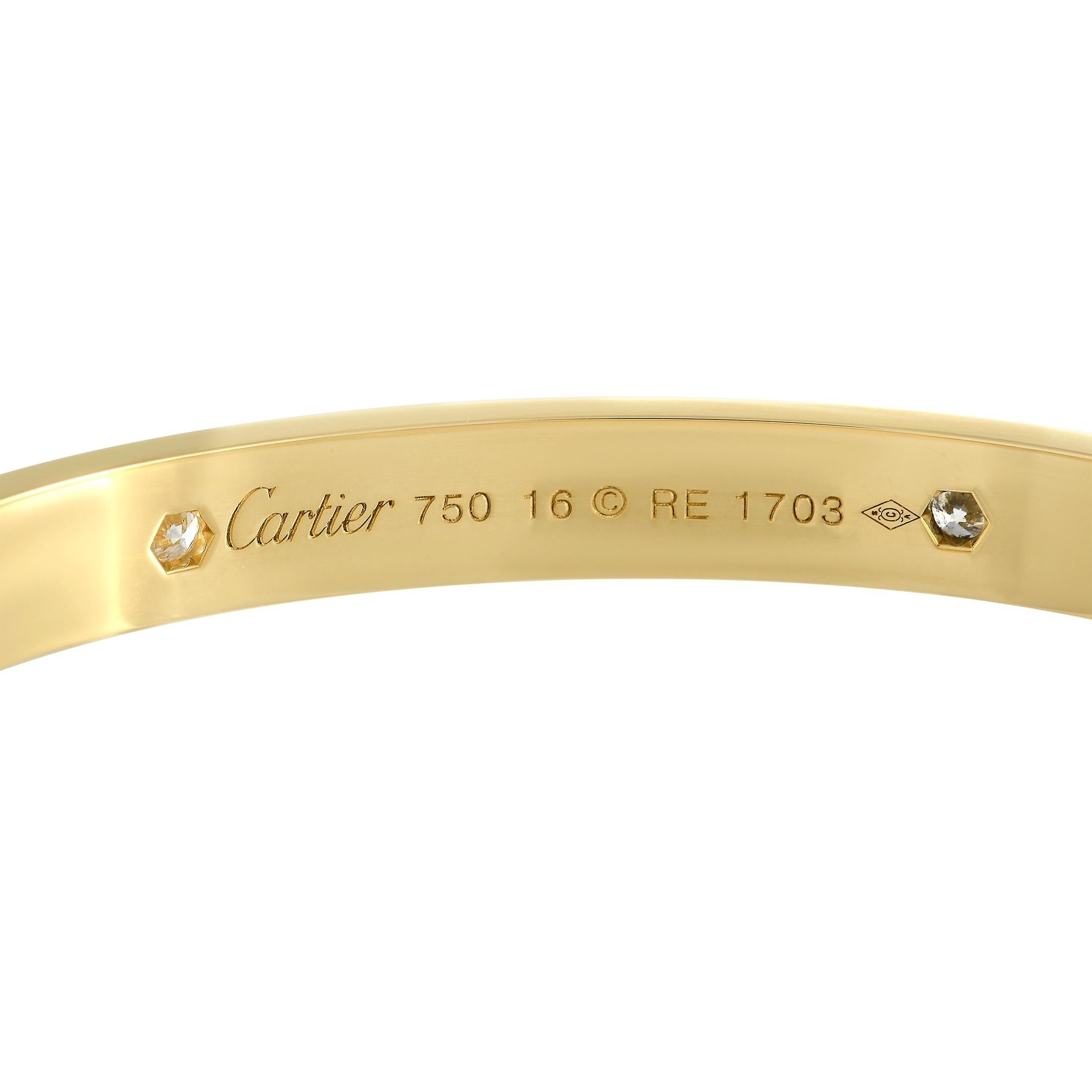 This iconic piece from the Cartier Love collection exudes obvious elegance and sophistication. Although sleek and simple in design, this 18K Yellow Gold bangle comes to life thanks to the signature screw accents and the presence of 4 inset round-cut