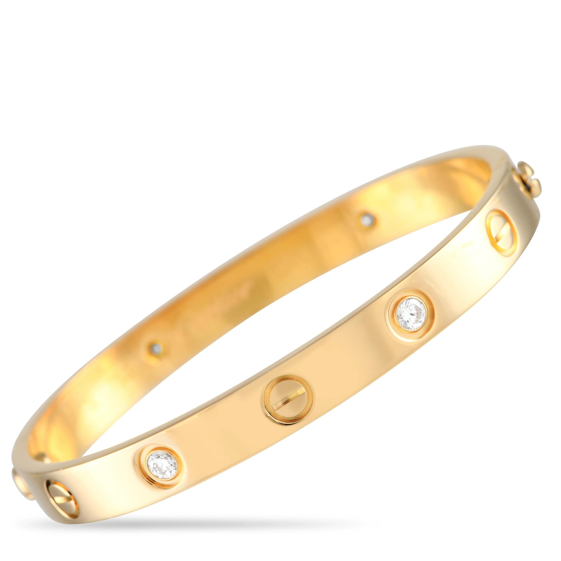 Cartier LOVE 18K Yellow Gold 4 Diamond Bracelet Size 16 In Excellent Condition In Southampton, PA