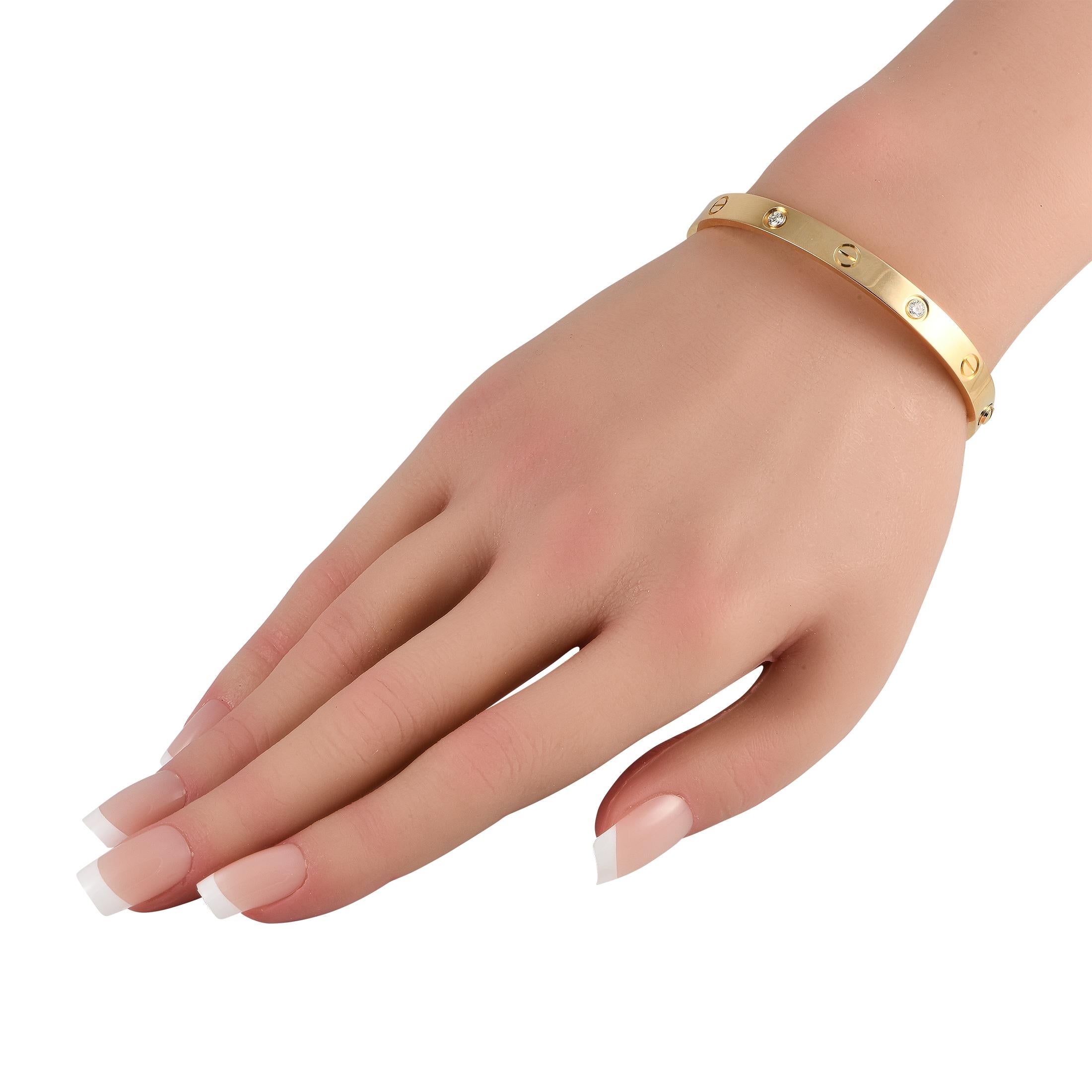 A timeless piece from Cartier, this LOVE bracelet was initially meant to celebrate romantic love. Today, it can also stand as a tool for self-love and empowerment. The rigid bracelet is crafted in 18K yellow gold and features the iconic screw motif.