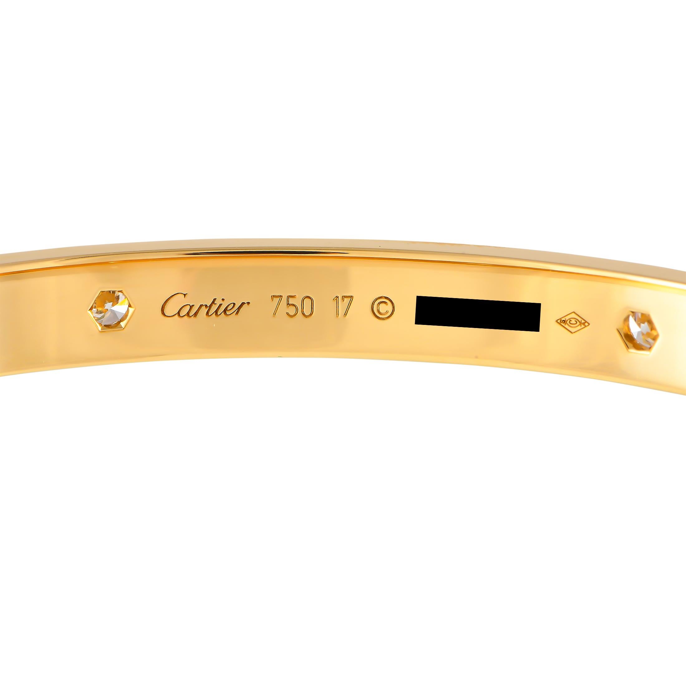 Round Cut Cartier LOVE 18K Yellow Gold 4 Diamond Bracelet Size 17 CA01-120524