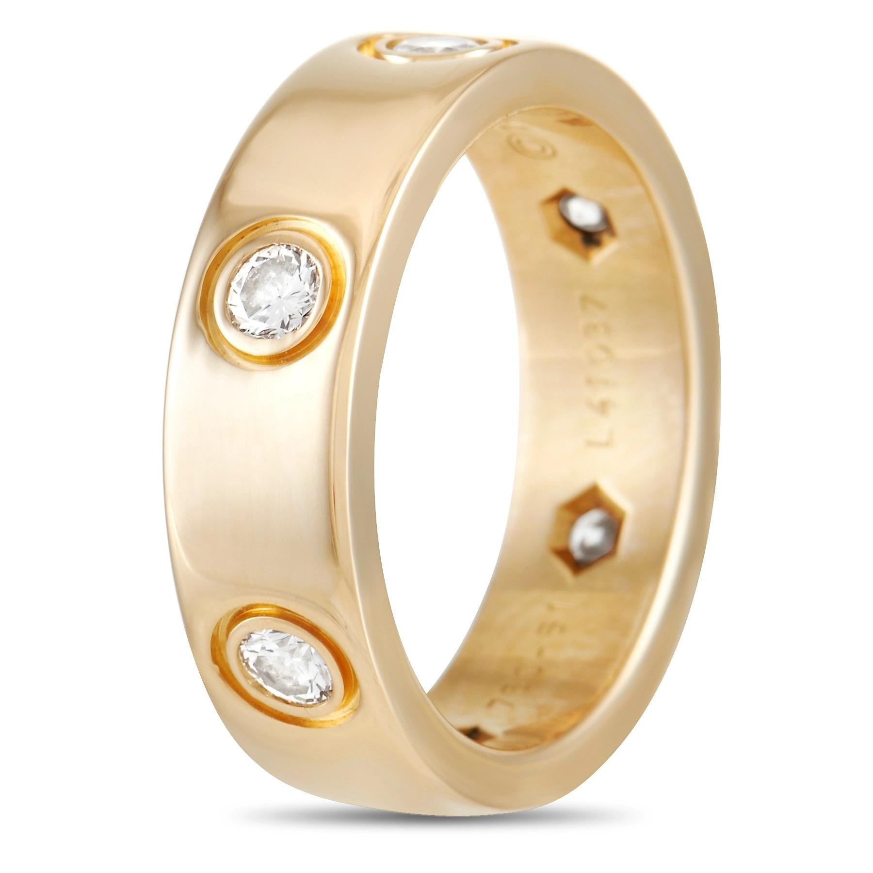 This impeccably designed piece is part of Cartier’s iconic Love collection. Adorning the 5mm wide 18K Yellow Gold band, you’ll find a series of six circular diamonds. Sleek and sophisticated in design, this understated band ring exudes luxury. 
 
