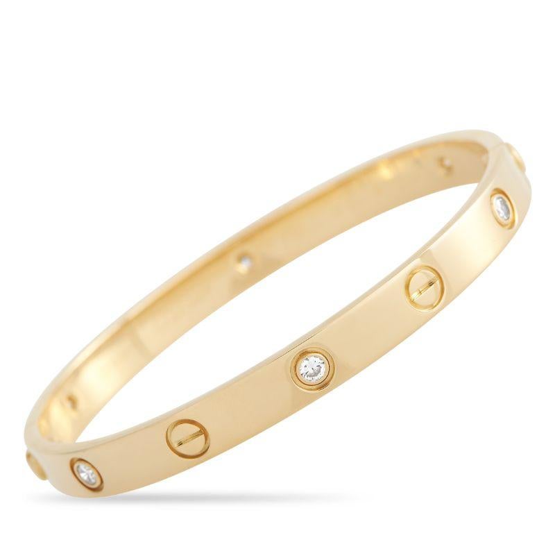 Opulent 18K Yellow Gold makes this iconic Cartier LOVE bracelet a piece that will never go out of style. Accented by a series of 6 round-cut diamonds, this Size 16 bracelet measures 6.3” long and will continually impress. 
 
 This jewelry piece is