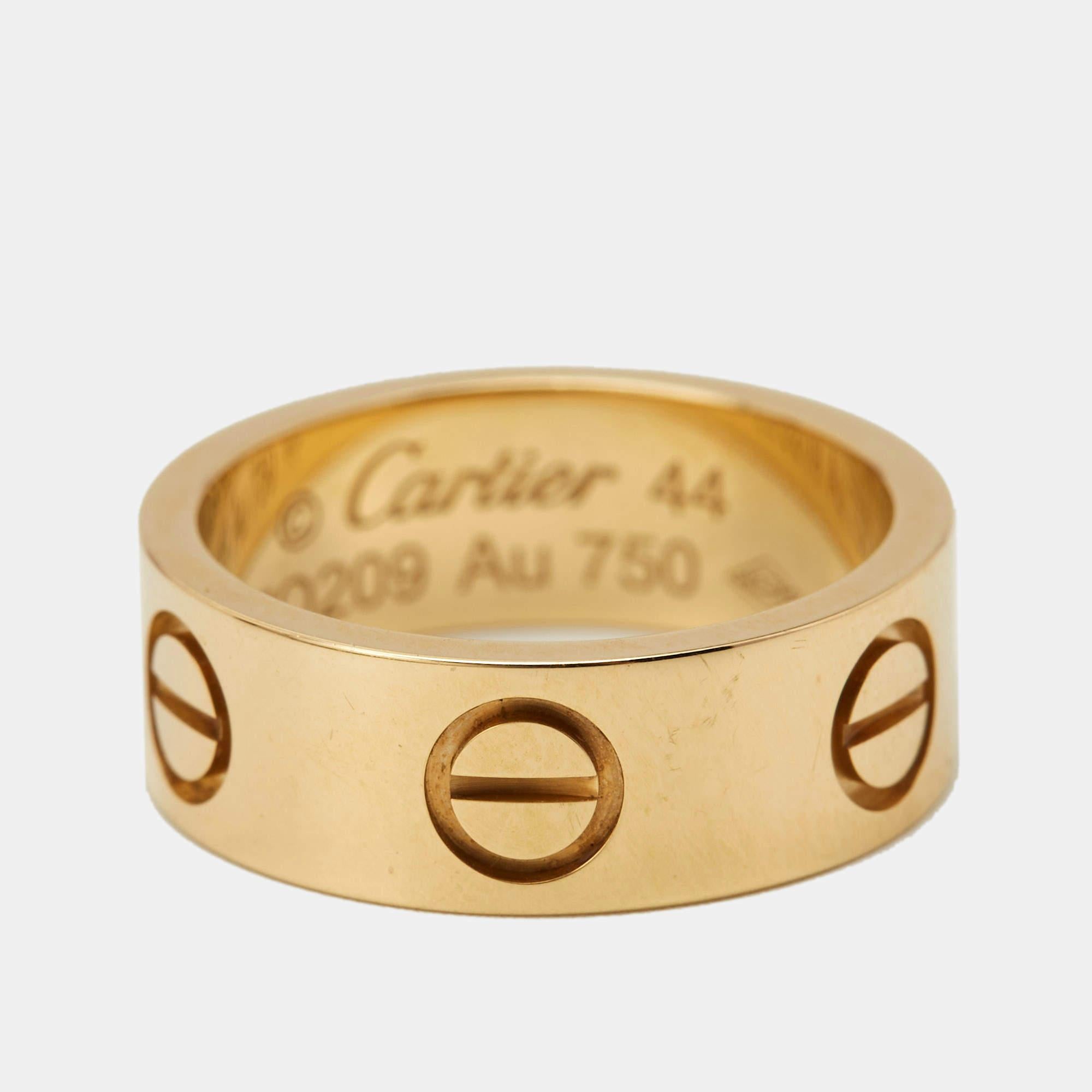 One of the most iconic and loved designs from the house of Cartier, this stunning Love ring is an icon of style and luxury. Constructed in 18k yellow gold, this ring features screw details all around the surface as symbols of a sealed and secured
