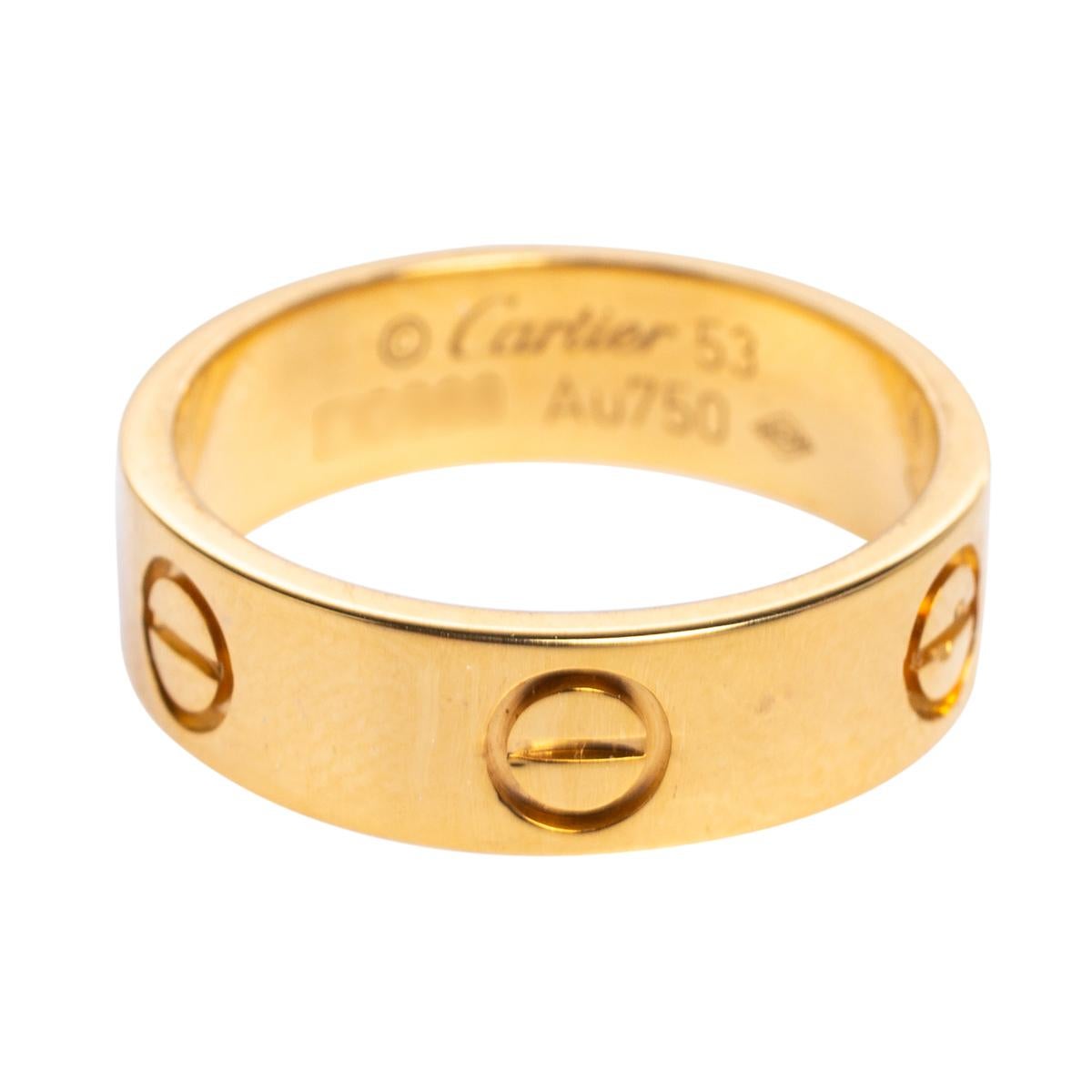 Cartier's Love band continues to be a favored choice when it comes to choosing a wedding or engagement ring and even as a special addition to one's collection. A ring version of the Love bracelet from the 1970s, this creation heralds the idea of