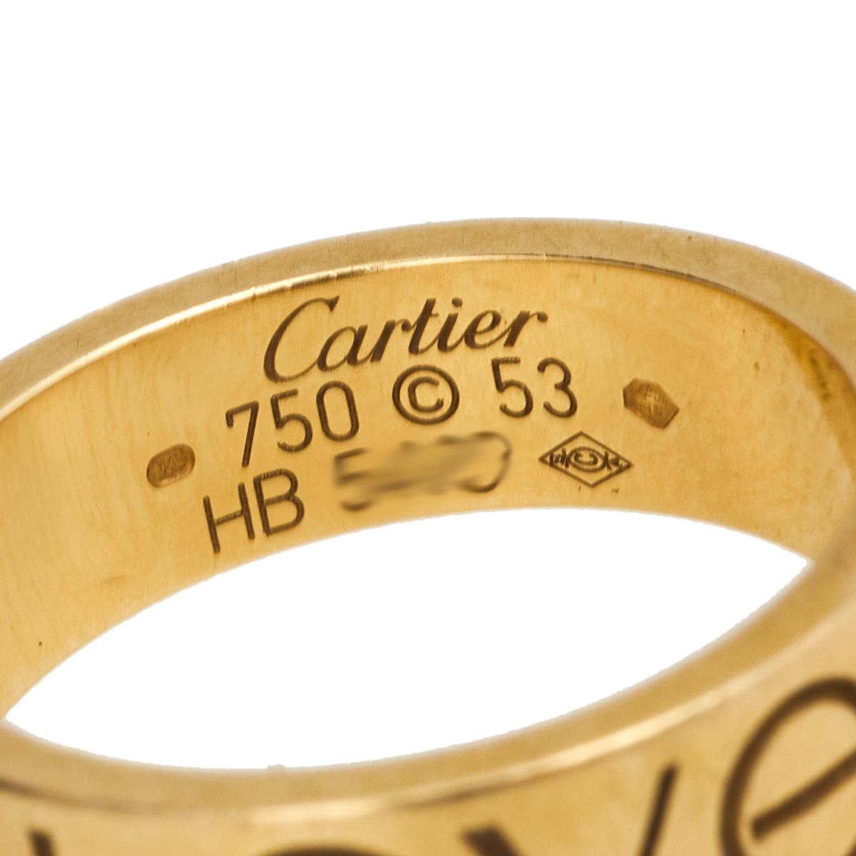 Cherished by people across the world, the iconic Cartier Love ring is a truly timeless creation. Designed in 18K yellow gold, this ring is added with the word LOVE and has the screw motif added to the O and E. This ring is a celebration of classic