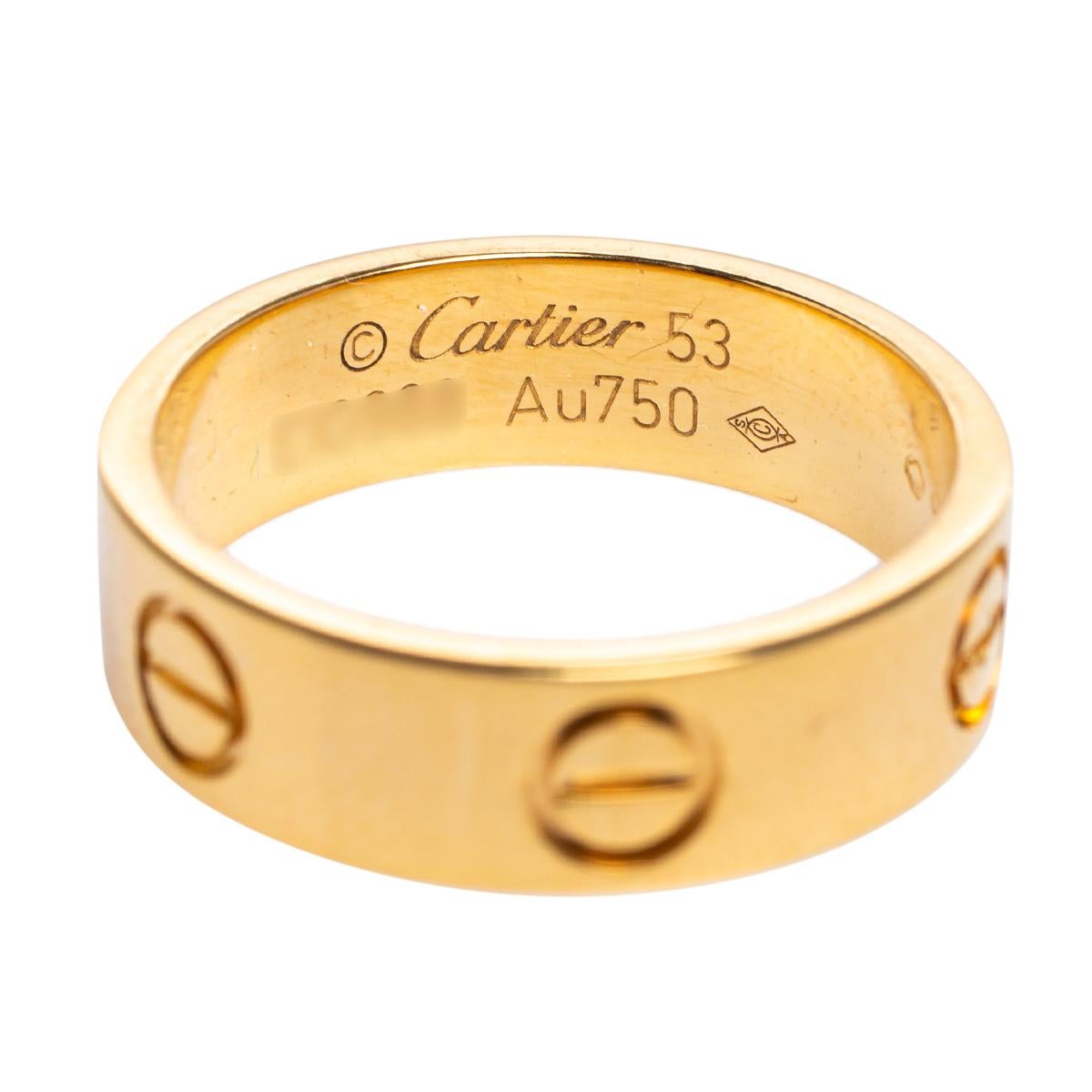 Contemporary Cartier Love 18K Yellow Gold Band Ring Size 53