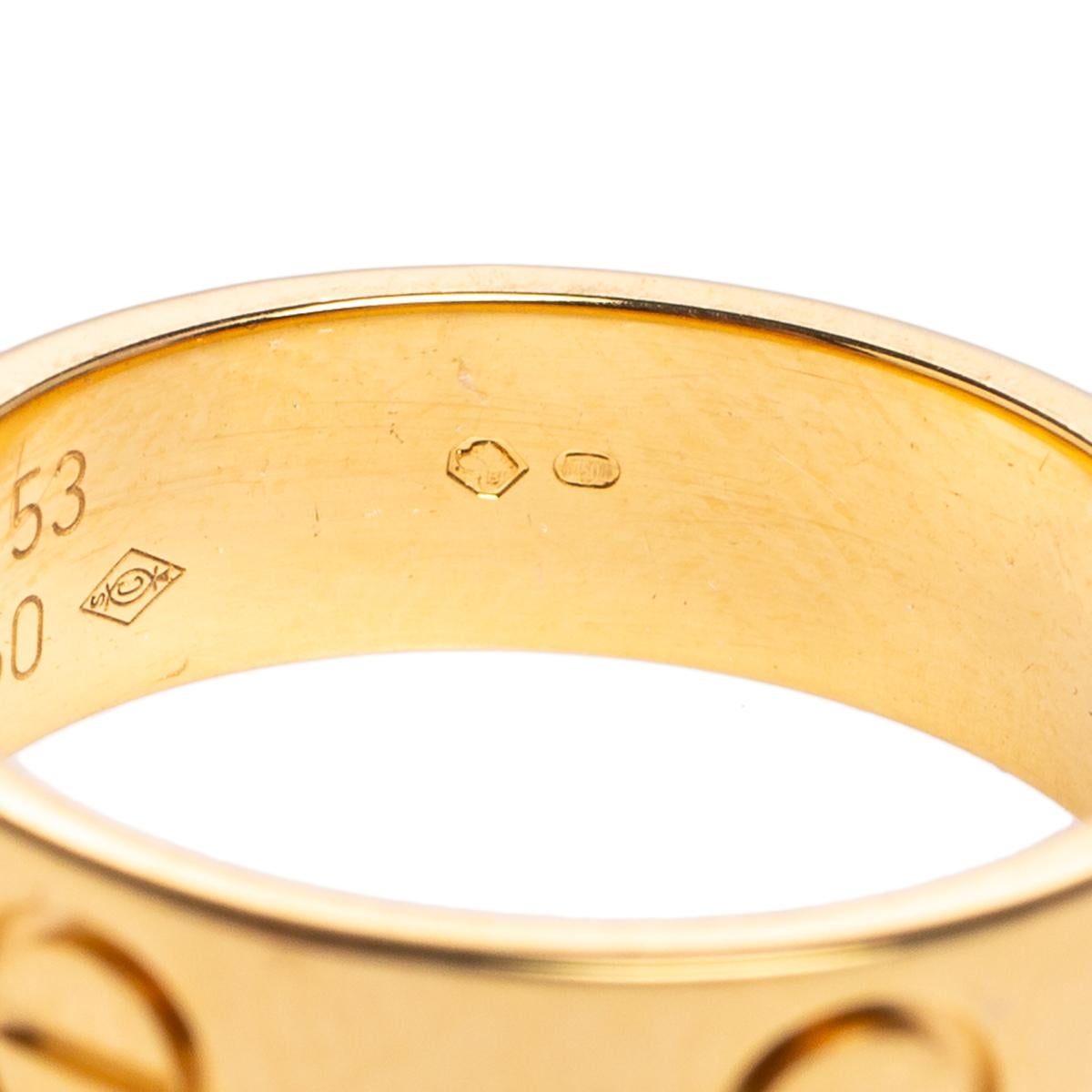 Cartier Love 18K Yellow Gold Band Ring Size 53 In Fair Condition In Dubai, Al Qouz 2