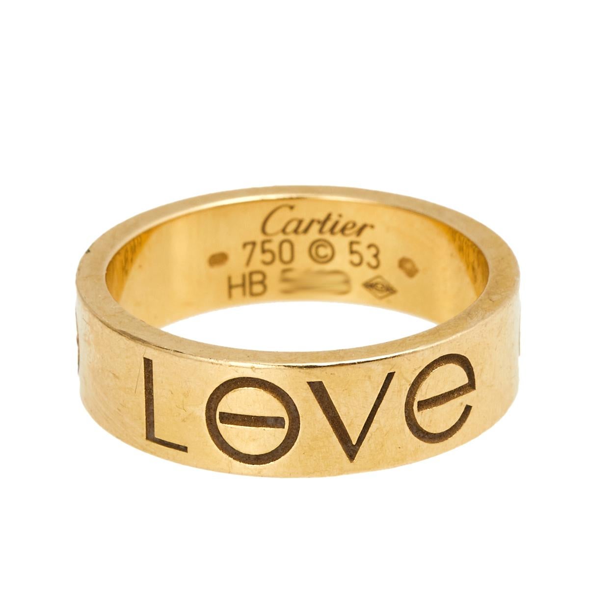 Cartier Love 18K Yellow Gold Band Ring Size 53 at 1stDibs | cartier love  engraved ring