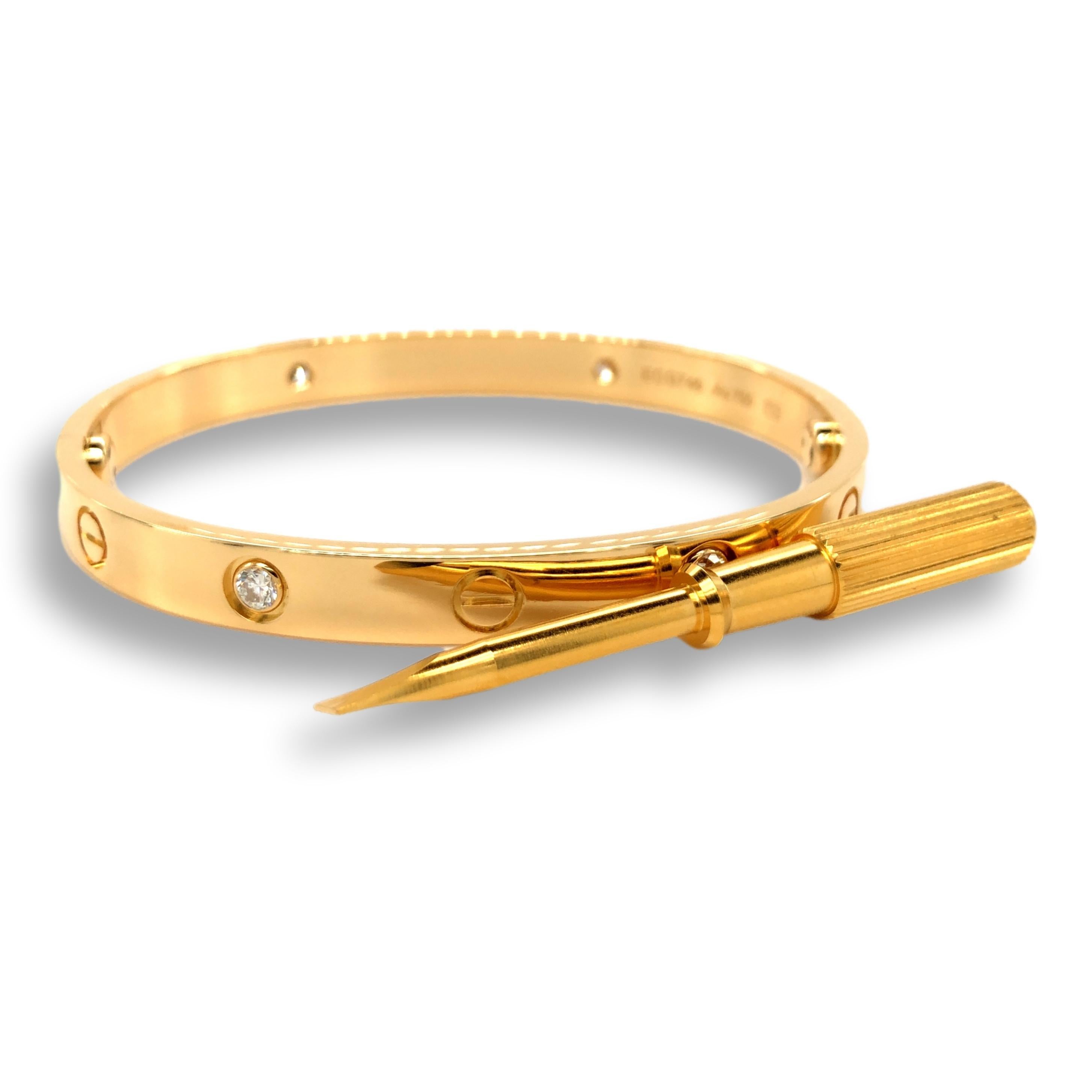 Modern Cartier Love 18K Yellow Gold Bangle Bracelet 4 Diamonds Size 17