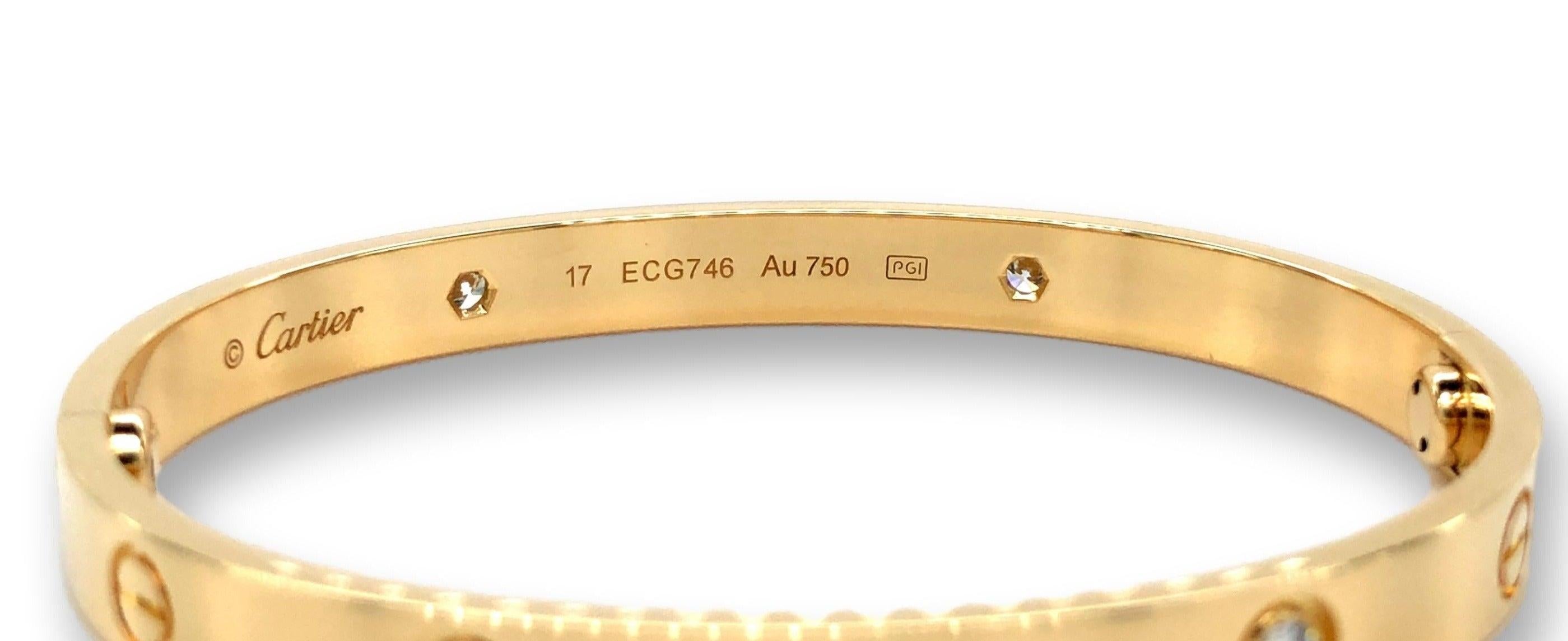 Round Cut Cartier Love 18K Yellow Gold Bangle Bracelet 4 Diamonds Size 17