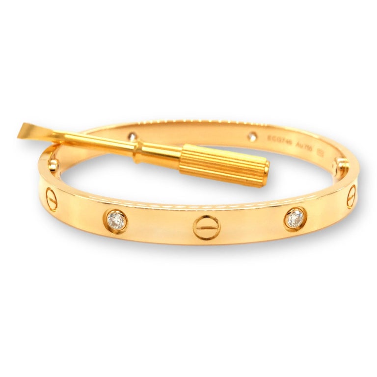 Cartier Love 18K Yellow Gold Bangle Bracelet 4 Diamonds Size 17 at 1stDibs
