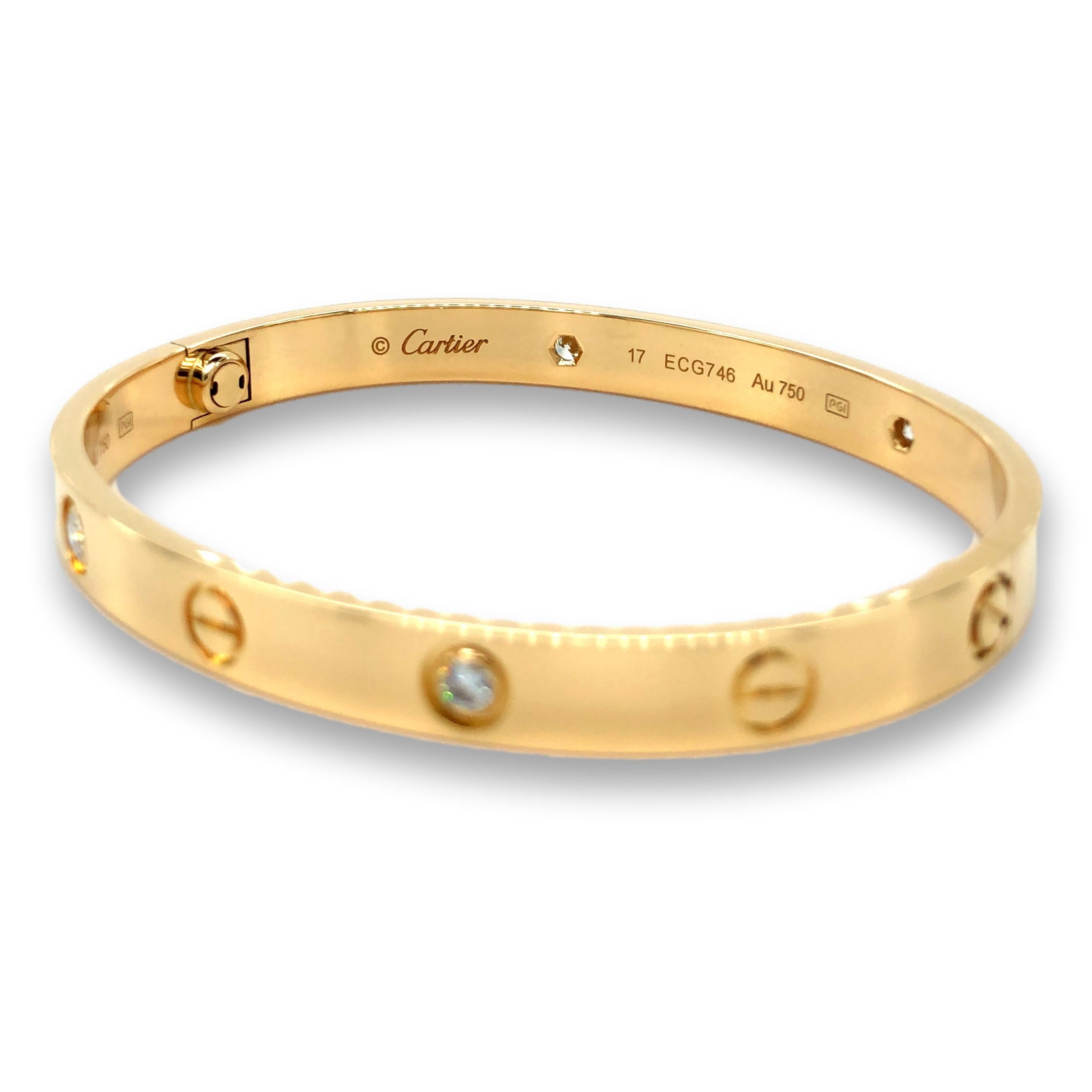Women's Cartier Love 18K Yellow Gold Bangle Bracelet 4 Diamonds Size 17
