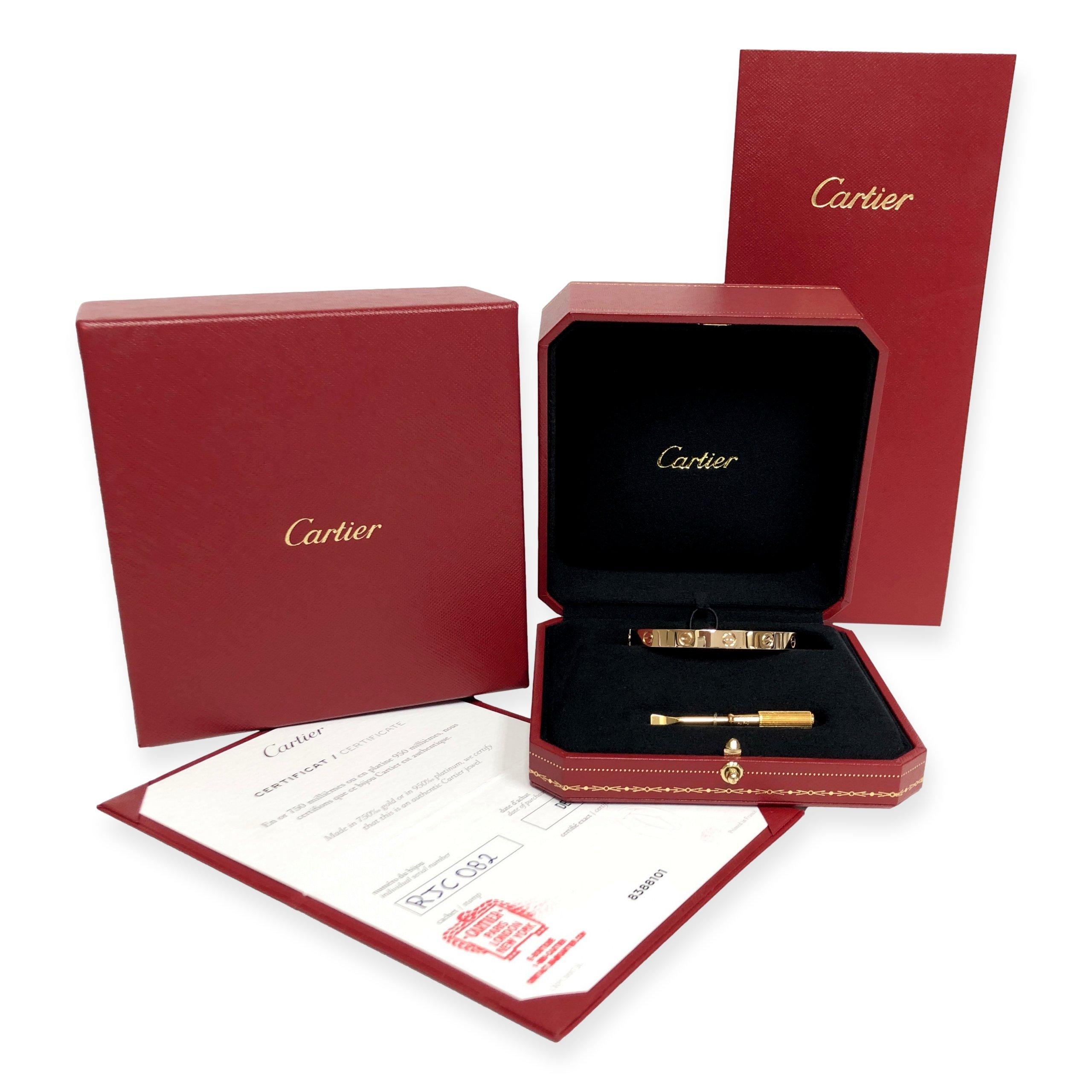 Cartier Love 18K Yellow Gold Bangle Bracelet Size 16 with Certificate In Excellent Condition In New York, NY