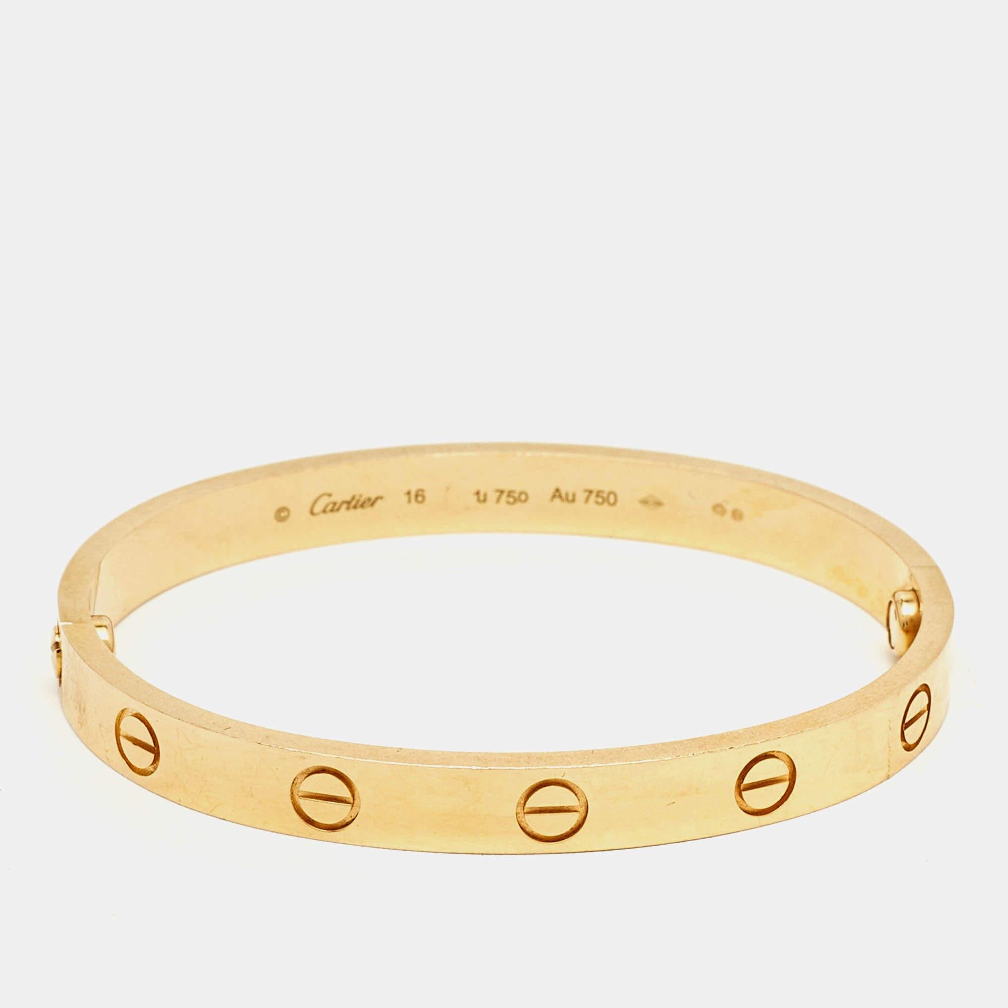 Crafted with exquisite finesse, the Cartier Love bracelet epitomizes timeless elegance. Its sleek design seamlessly blends luxury with simplicity, showcasing Cartier's renowned craftsmanship. The iconic screw motifs symbolize eternal love and