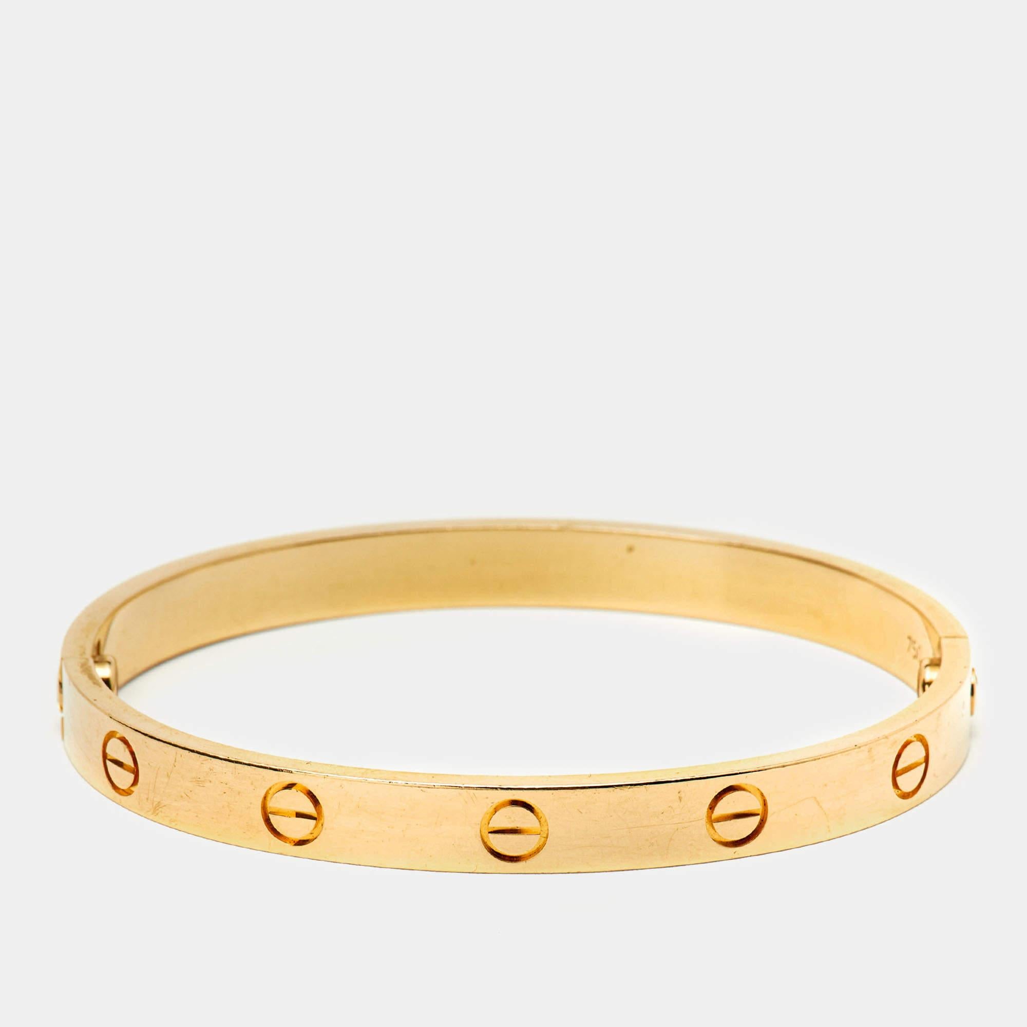 We fell in love with this Cartier Love bracelet at first glance. Look at its gorgeous yet subtle accents and picture how it will beautifully sit on your wrist and charm your peers. The creation is crafted from 18k yellow gold and neatly detailed