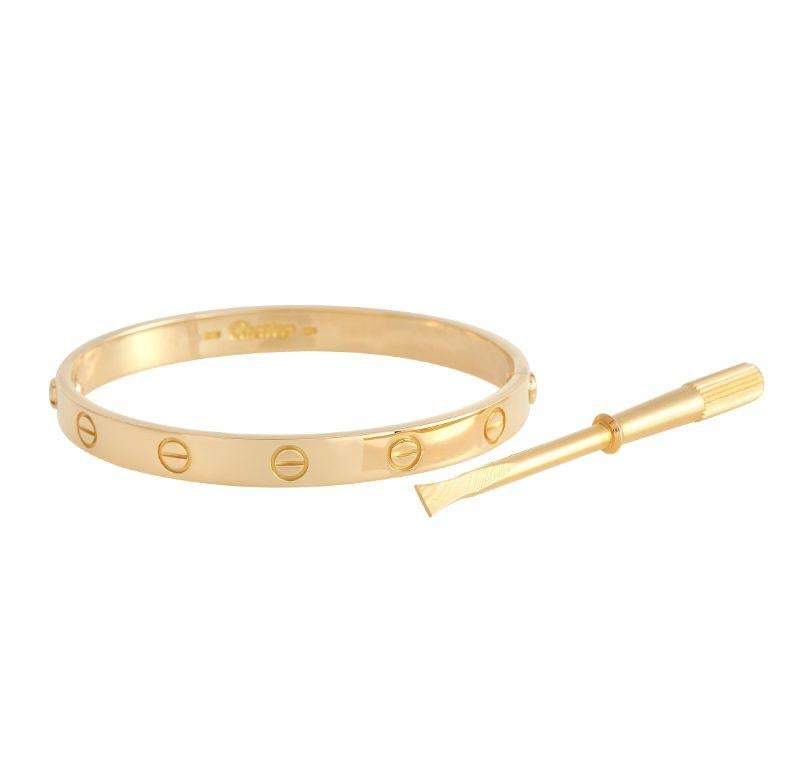 Add sophistication to any ensemble with the help of this Cartier LOVE bracelet. Sleek and simple, it’s crafted from opulent 18K Yellow Gold and is adorned with a series of the brand’s signature circular accents. This size 16 bracelet measures 6.3”