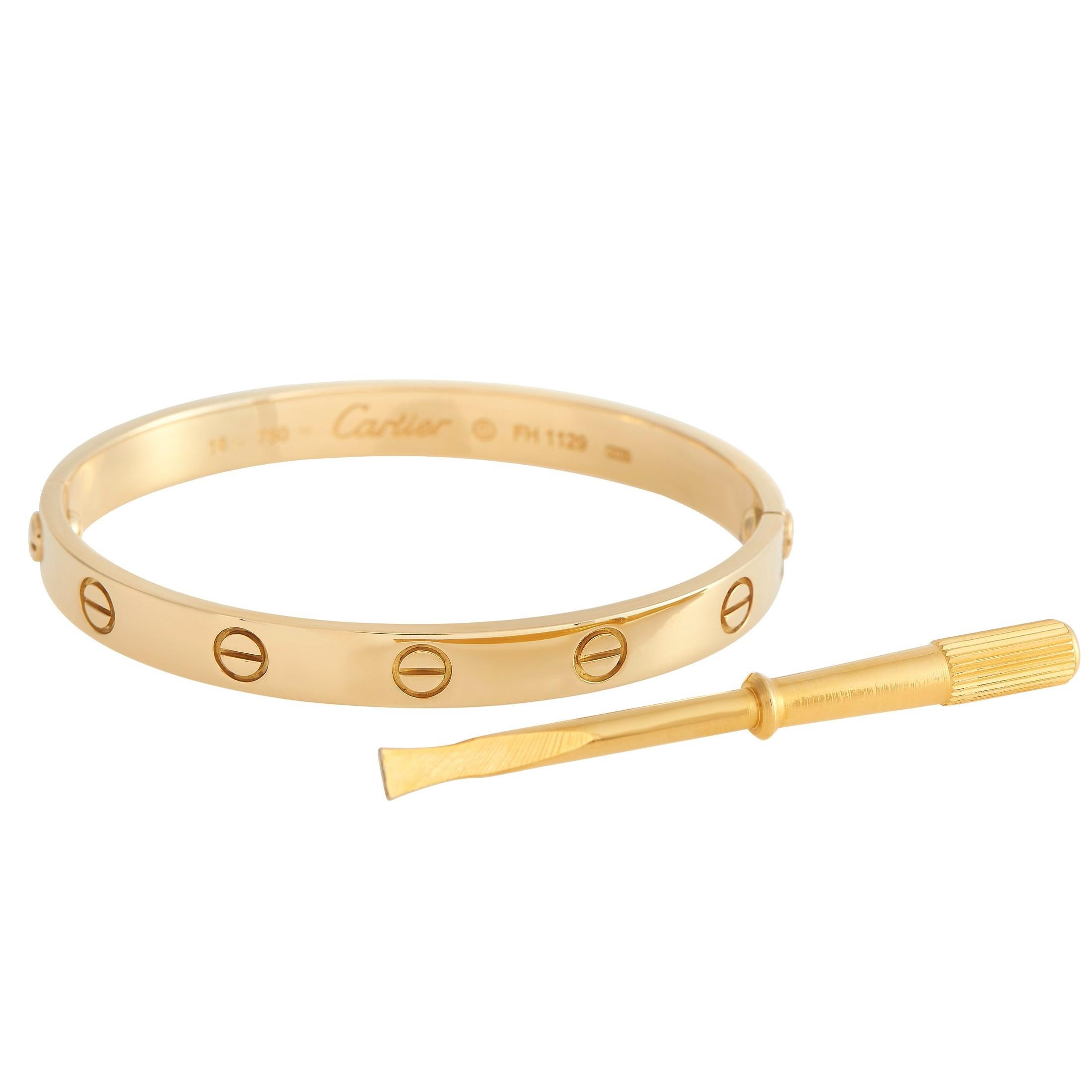 A popular piece from Cartier, the Love Bracelet proves to be as timeless as love itself. Clad in yellow gold, it features the iconic screw design and a unisex profile. Great for both gents' and ladies' wrists, this beautiful piece will complement
