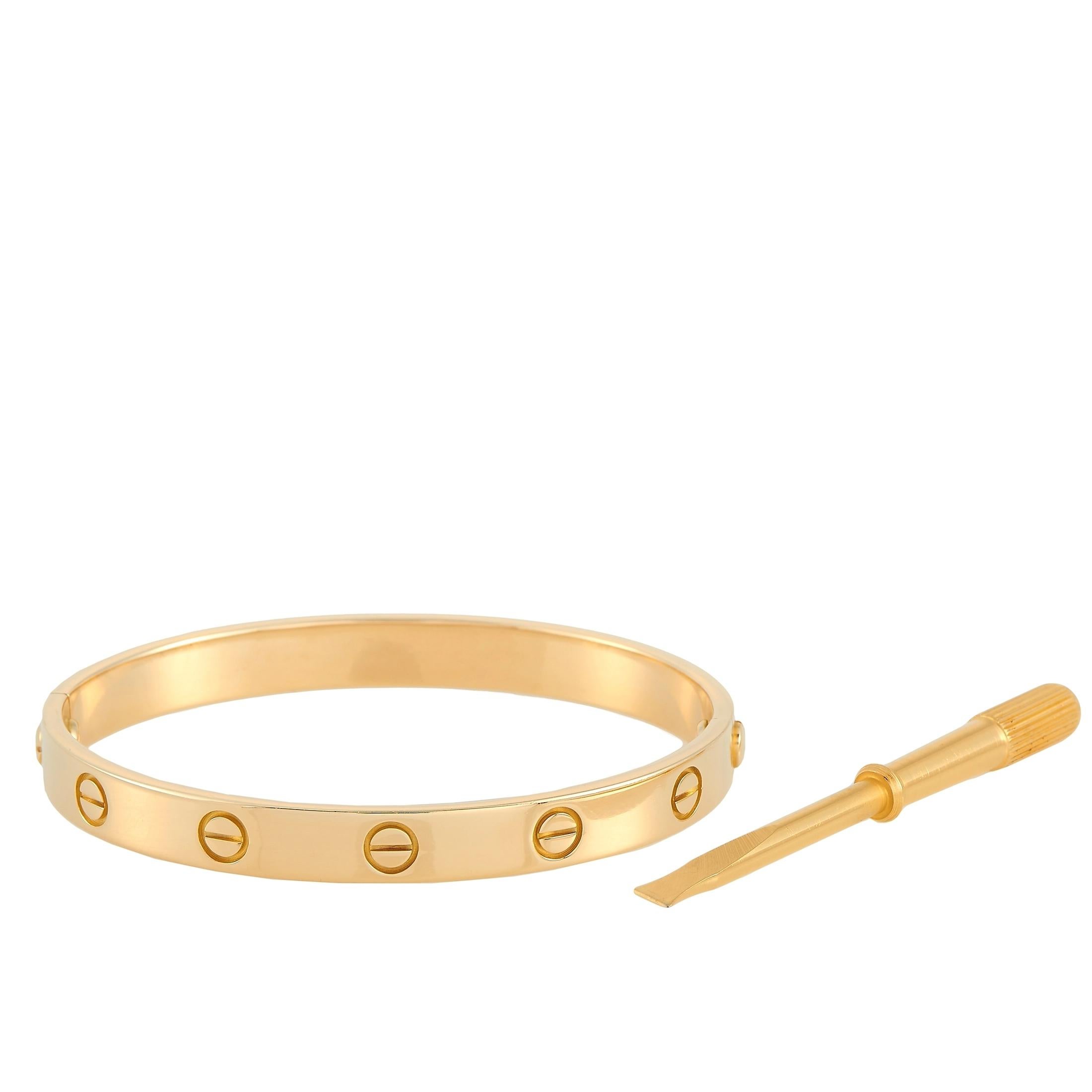 A classic design from Cartier that never goes out of style- the LOVE bracelet. This version is made of pure 18K yellow gold, and comes with a screwdriver for easy opening and closing. 