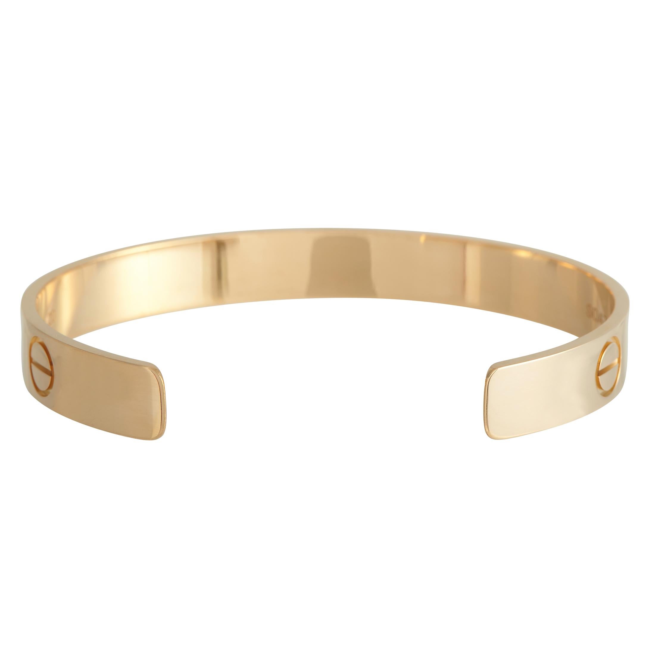 Cartier LOVE 18K Yellow Gold Cuff Bracelet Size 20 In Excellent Condition In Southampton, PA