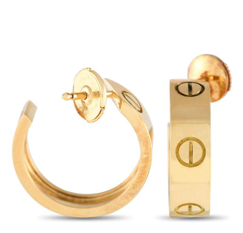 Elevate any outfit with the help of these iconic Cartier LOVE earrings. Crafted from 18K Yellow Gold, each one measures 0.75” round and includes a curved design accented by the brand’s instantly recognizable circular motif. 
 
 This jewelry piece is