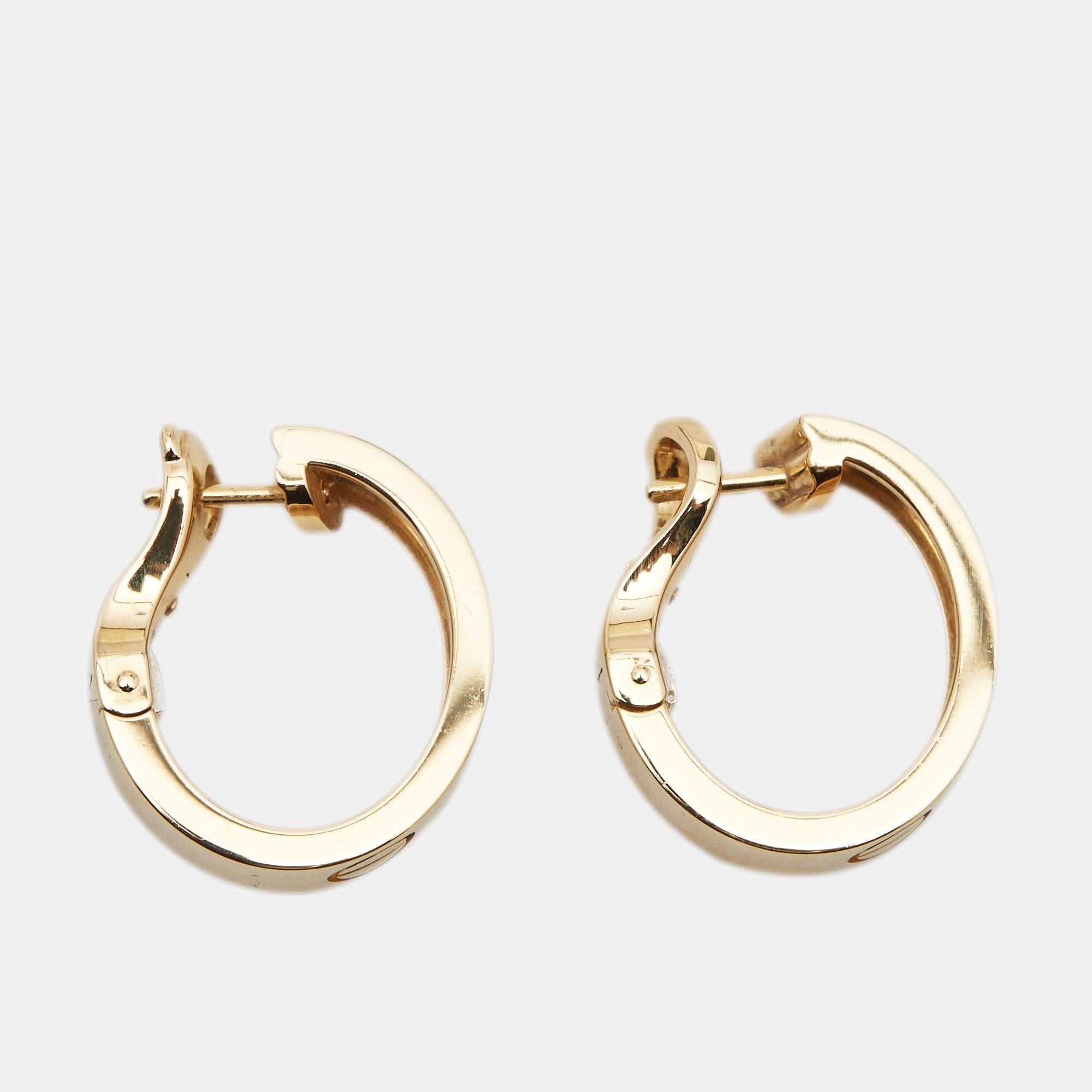 These Cartier earrings can be your staple pick. They have been sculpted using 18k yellow gold into a hoop style with brand detailing and recognizable motifs to form a stunning outline.

Includes: Authenticity Card