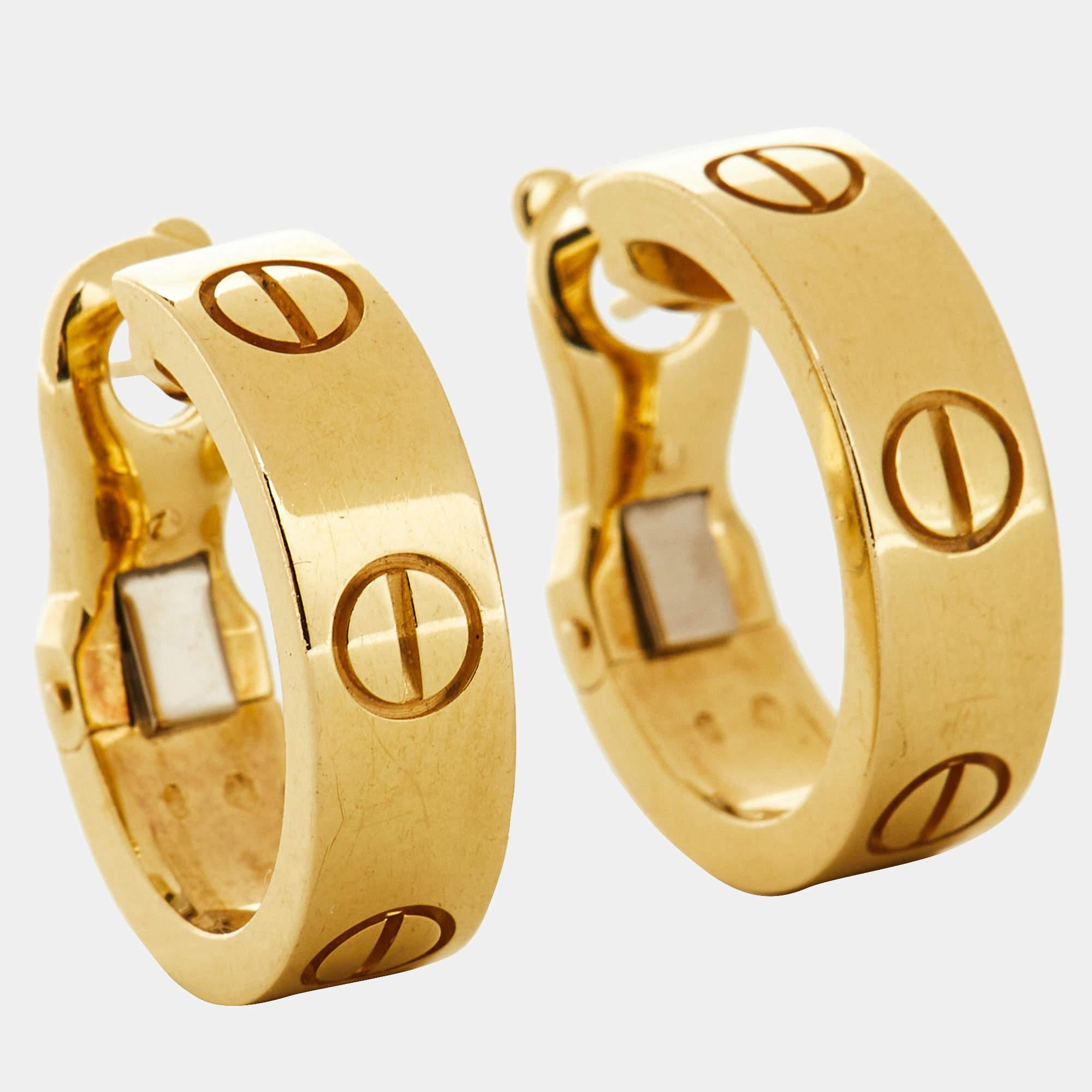 These Cartier earrings can be your staple pick. They have been sculpted using 18k yellow gold into a hoop style with brand detailing and recognizable motifs to form a stunning outline.

Includes: Authenticity Card, Original Box