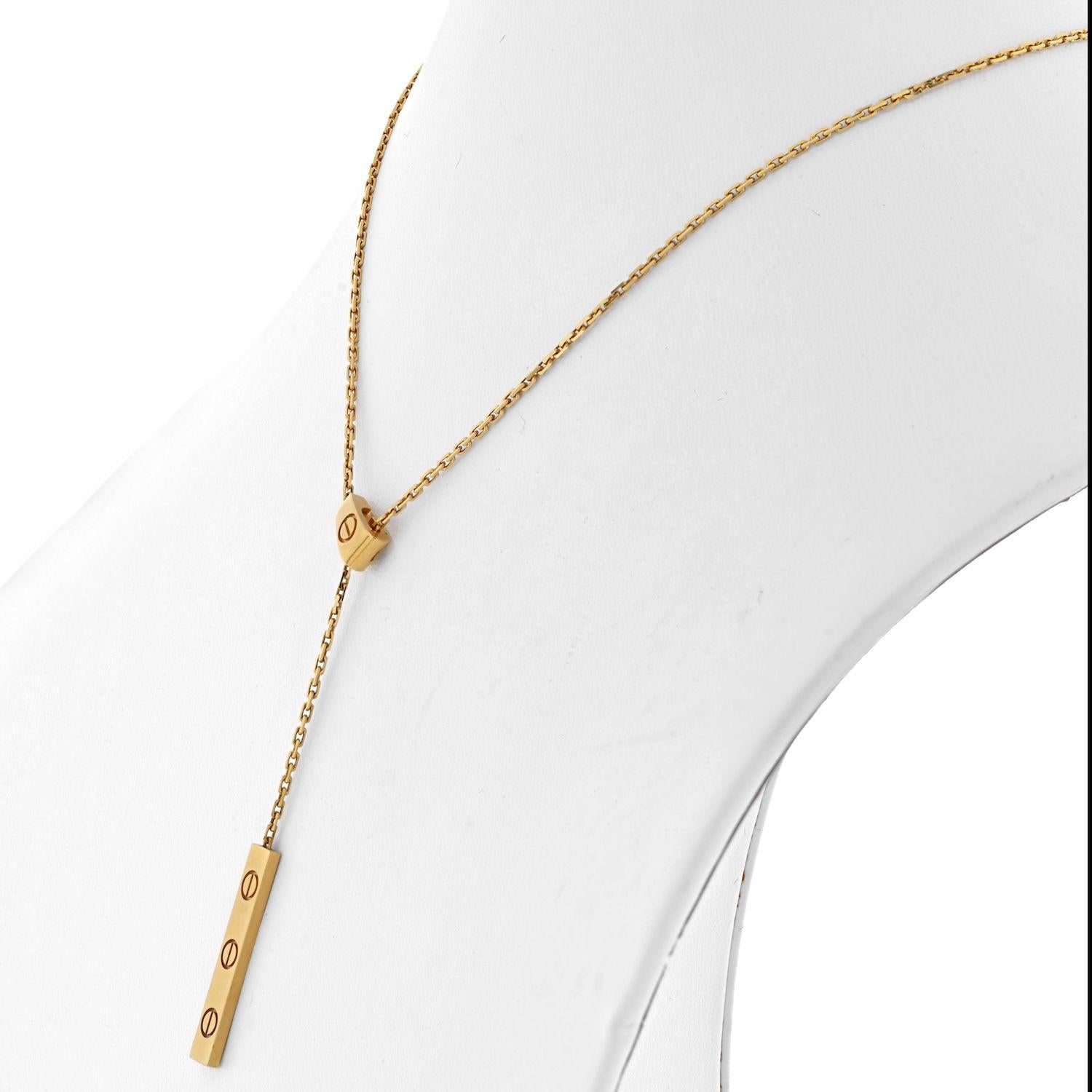 This sophisticated Cartier necklace from the LOVE collection is characterized by its high polished finish and its design. Inspired by cowboy tool, its bar pendant with screw motif dangles from the adjustable chain. Wear this fascinating piece of