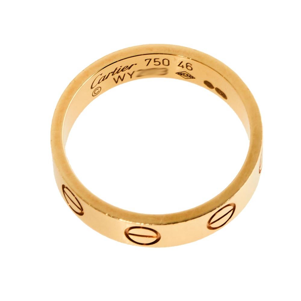 One of the most iconic and loved designs from the house of Cartier, this stunning Love ring is an icon of style and luxury. Constructed in 18K yellow gold, this ring features screw details all around the surface as symbols of a sealed and secured