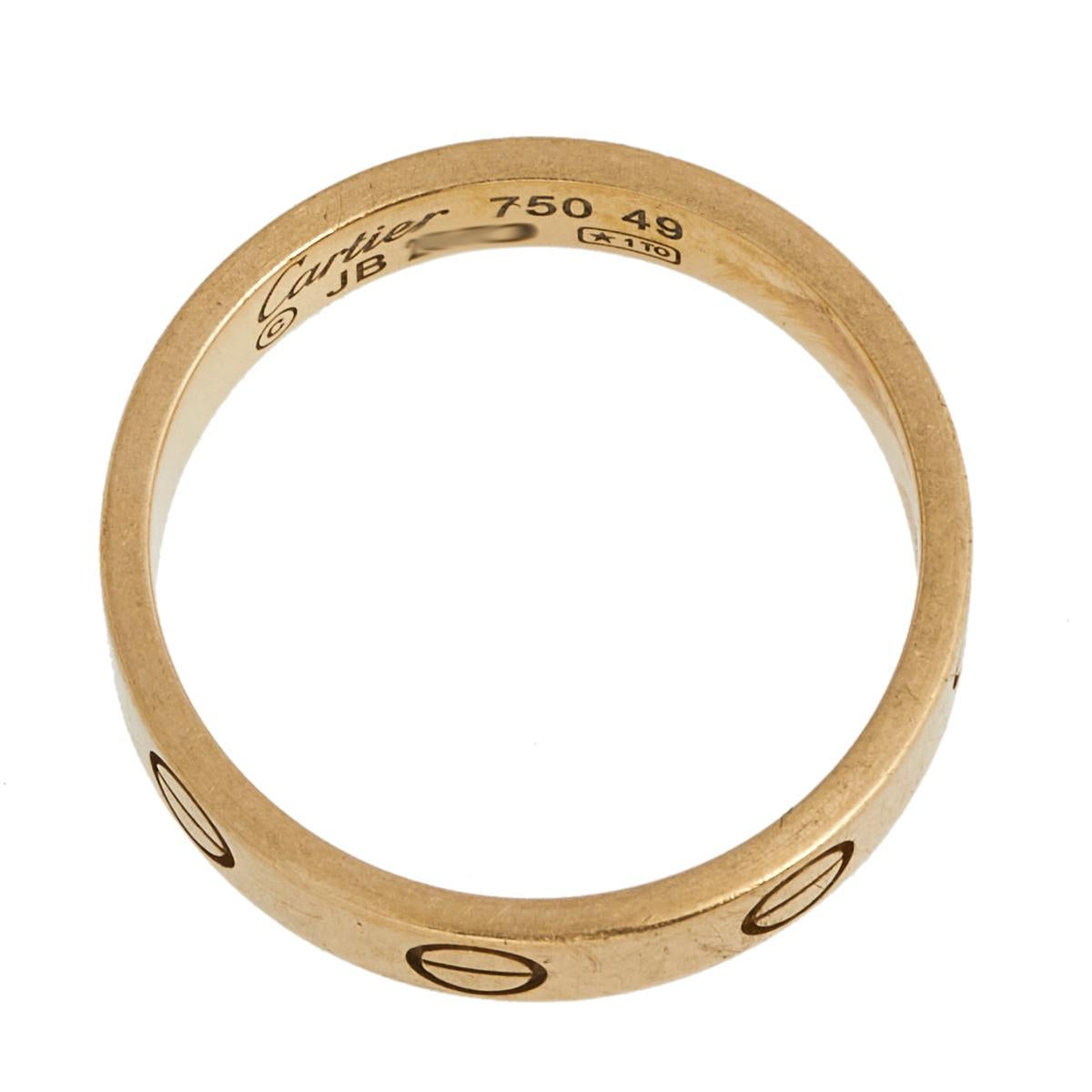One of the most iconic and loved designs from the house of Cartier, this stunning Love ring is an icon of style and luxury. Constructed in 18k yellow gold, this ring features screw details all around the surface as symbols of a sealed and secured