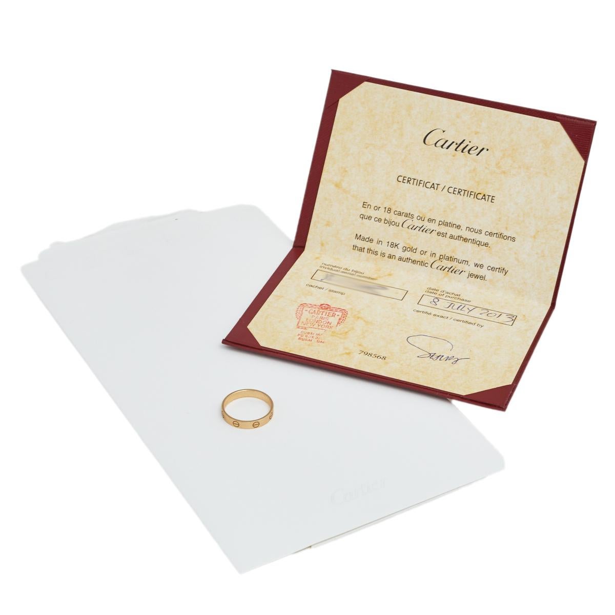 Cartier Love 18K Yellow Gold Narrow Wedding Band Ring Size 59 In Fair Condition In Dubai, Al Qouz 2