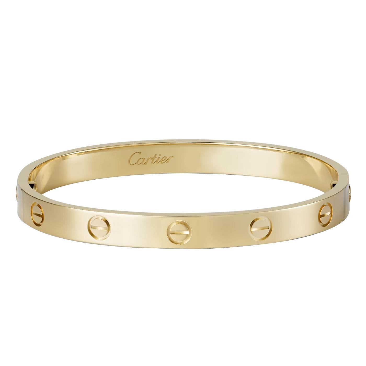 LOVE bracelet, 18K yellow gold (750/1000). Comes with a screwdriver. Width: 6.1 mm. Created in New York in 1969, the LOVE bracelet is an icon of jewelry design: a close-fitting, oval bracelet composed of two rigid arcs that is worn on the wrist and