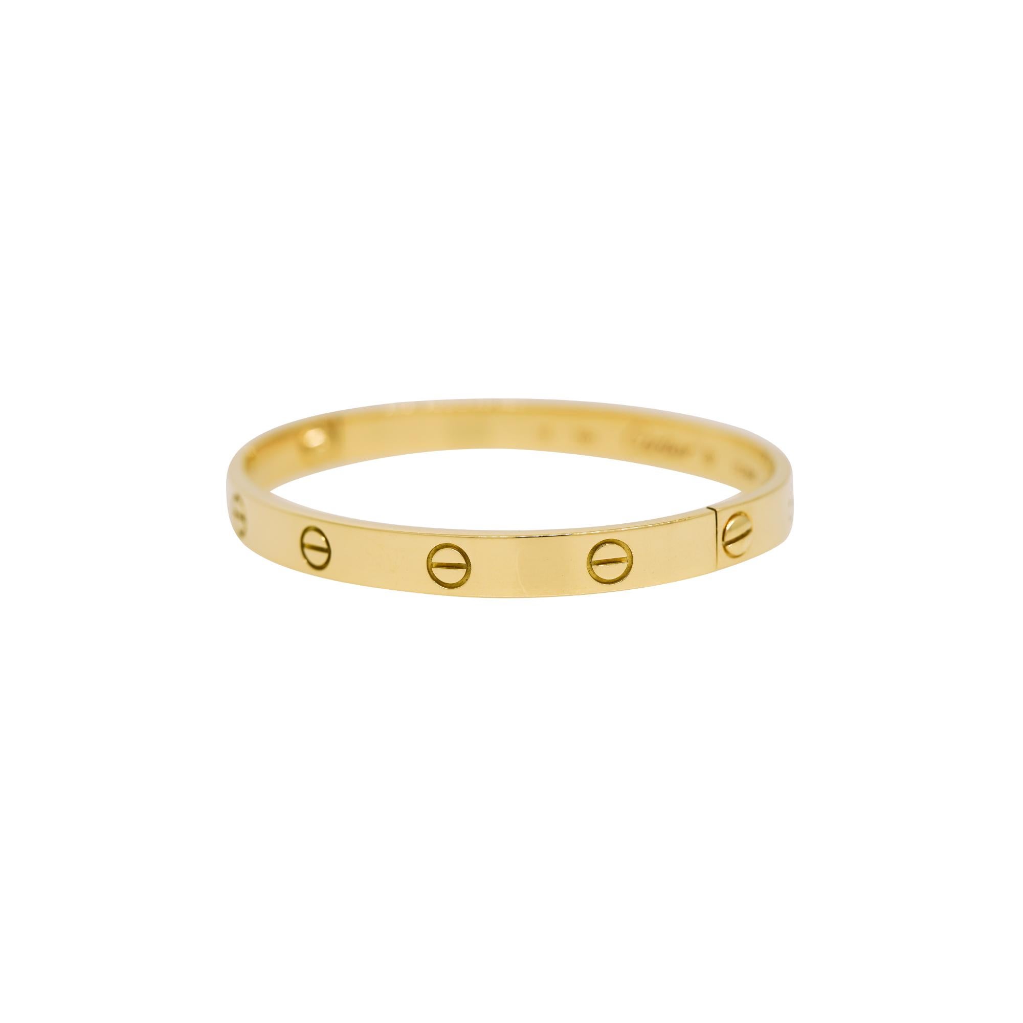 Cartier LOVE 18k Yellow Gold Size 18 Bangle Bracelet In Excellent Condition In Boca Raton, FL