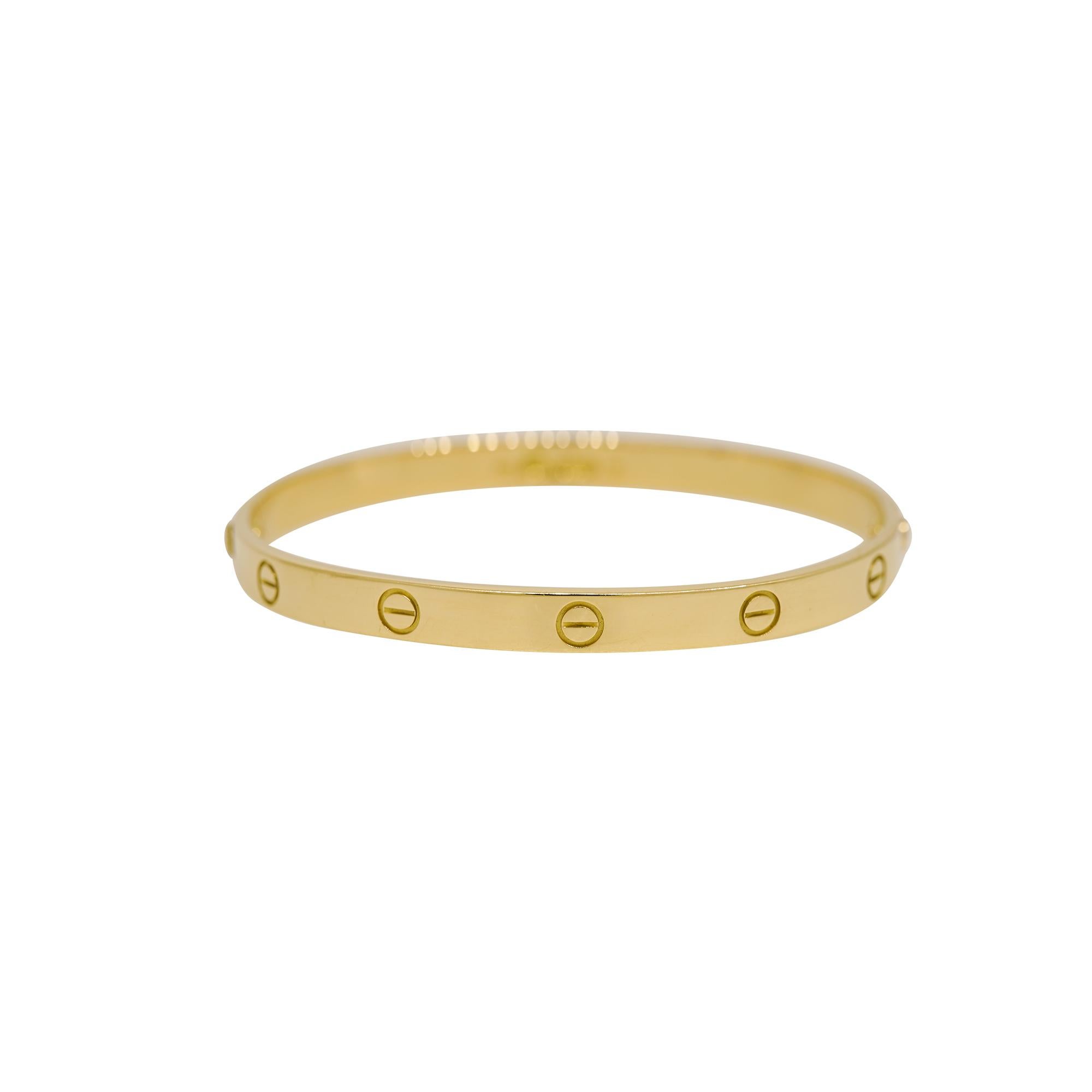 Cartier LOVE 18k Yellow Gold Size 21 Bangle Bracelet

Discover timeless elegance with the Cartier Love Bracelet in 18-karat yellow gold, available in size 21. This iconic piece embodies luxury and sophistication, featuring the signature screw motif