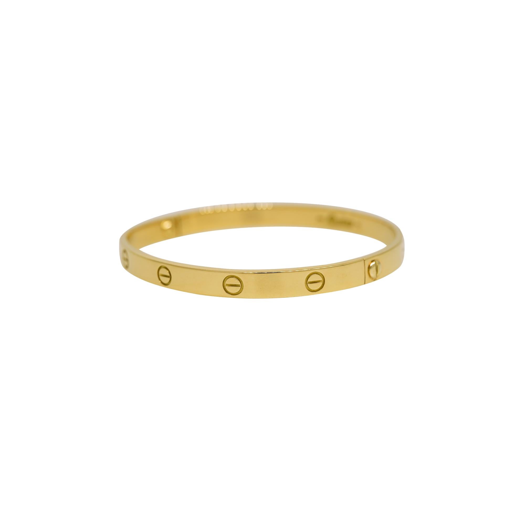 Cartier LOVE 18k Yellow Gold Size 21 Bangle Bracelet In Excellent Condition In Boca Raton, FL
