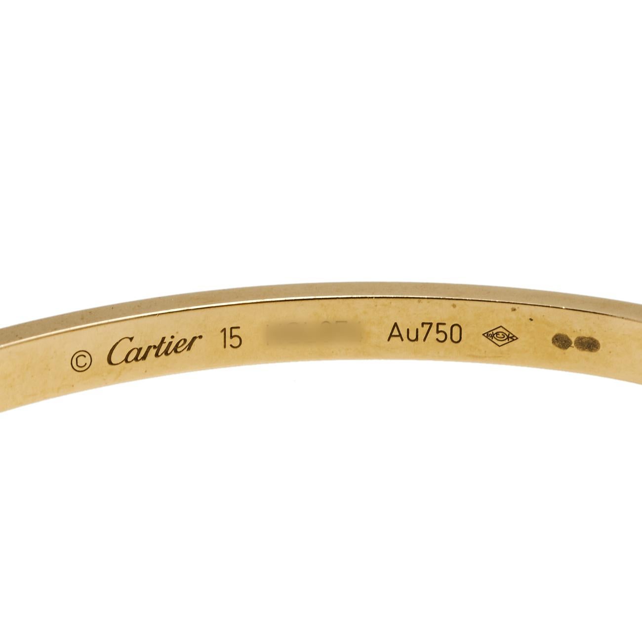  Cartier Love Bracelet étroit en or jaune 18 carats SM 15 Pour femmes 
